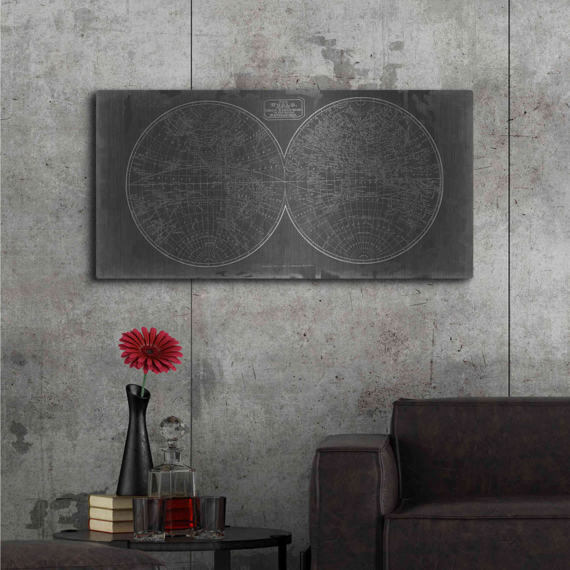 Luxe Metal Art 'Blueprint of the World in Hemispheres' by Vision Studio Metal Wall Art,48x24