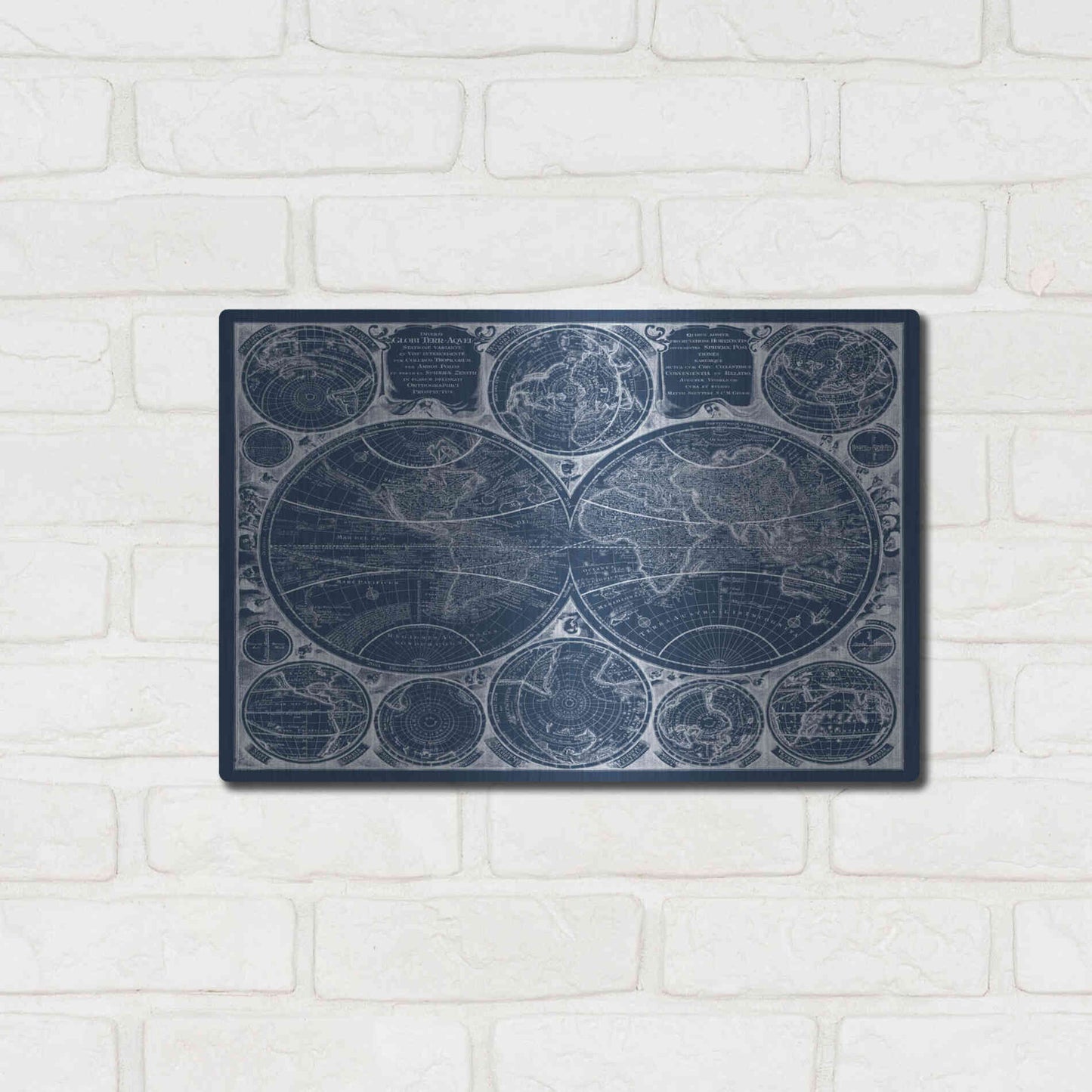 Luxe Metal Art 'World Globes Blueprint' by Vision Studio Metal Wall Art,16x12