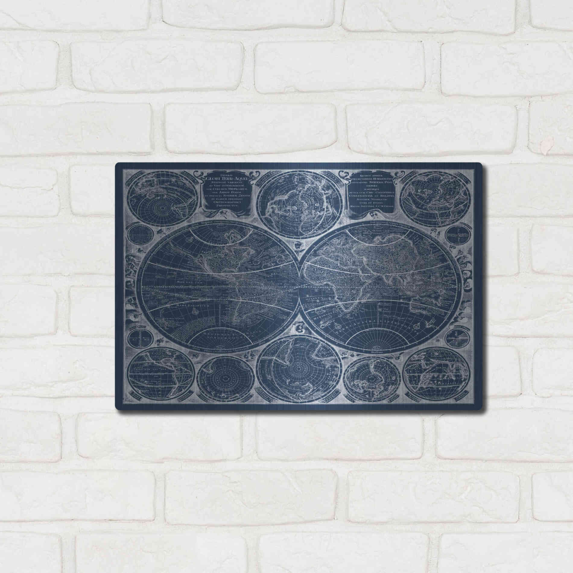 Luxe Metal Art 'World Globes Blueprint' by Vision Studio Metal Wall Art,16x12