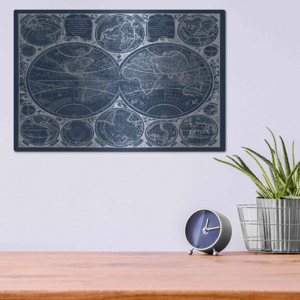 Luxe Metal Art 'World Globes Blueprint' by Vision Studio Metal Wall Art,16x12