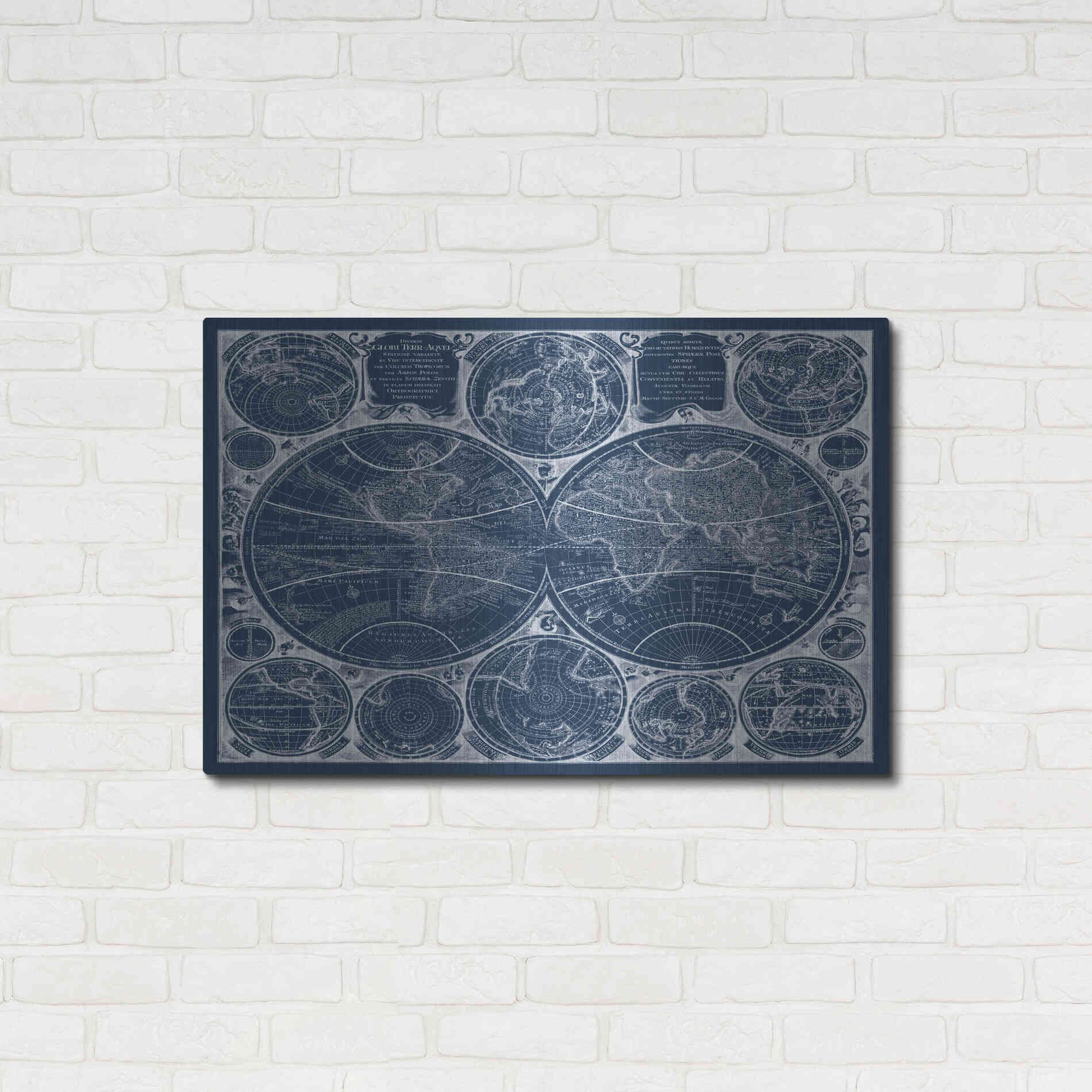 Luxe Metal Art 'World Globes Blueprint' by Vision Studio Metal Wall Art,36x24