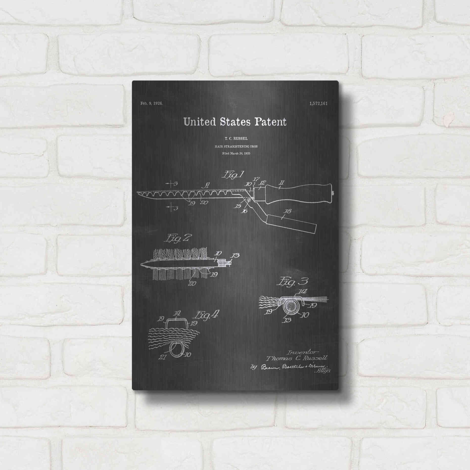 Luxe Metal Art 'Hair Straightening Iron Blueprint Patent Chalkboard' Metal Wall Art,12x16