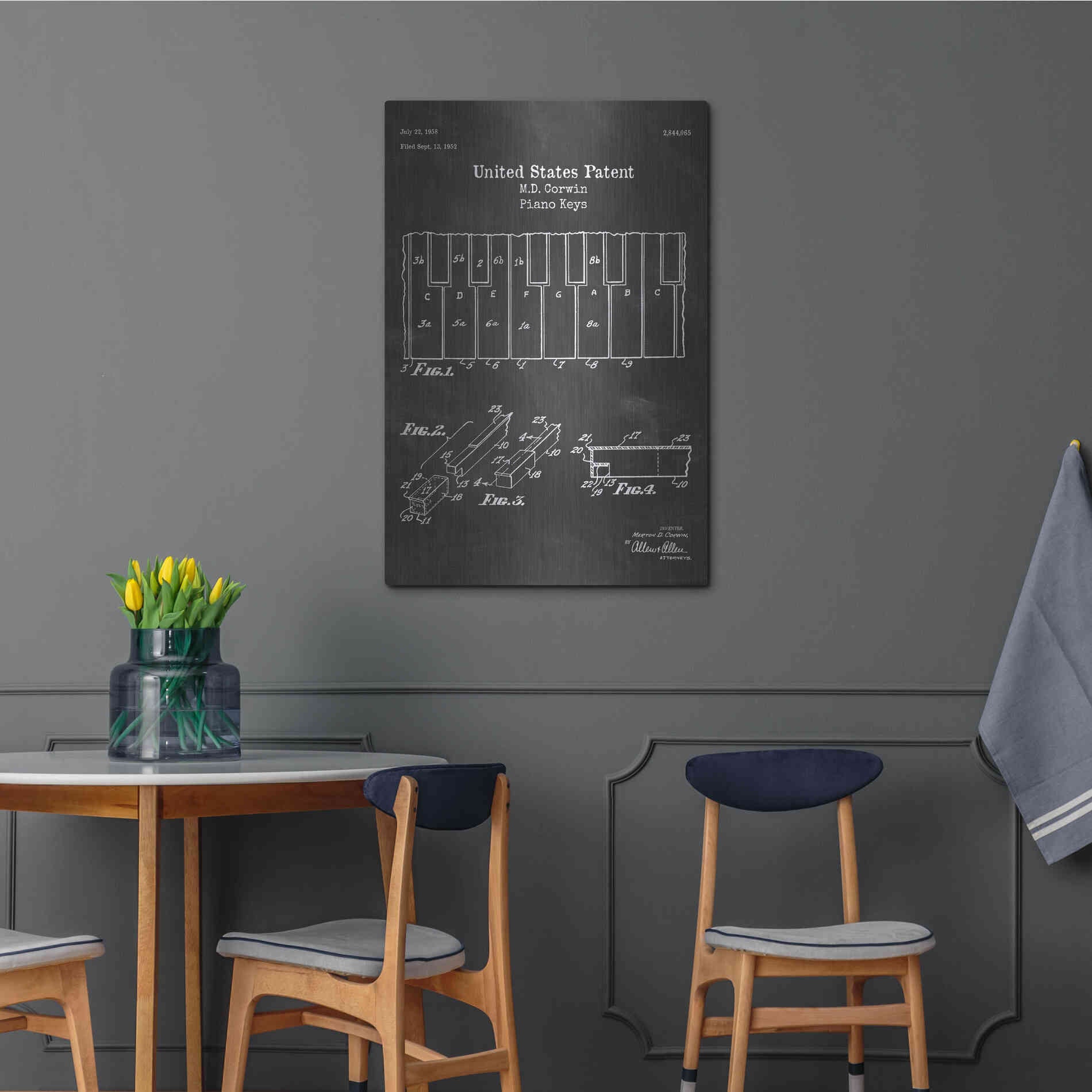 Luxe Metal Art 'Piano Keys Blueprint Patent Chalkboard' Metal Wall Art,24x36