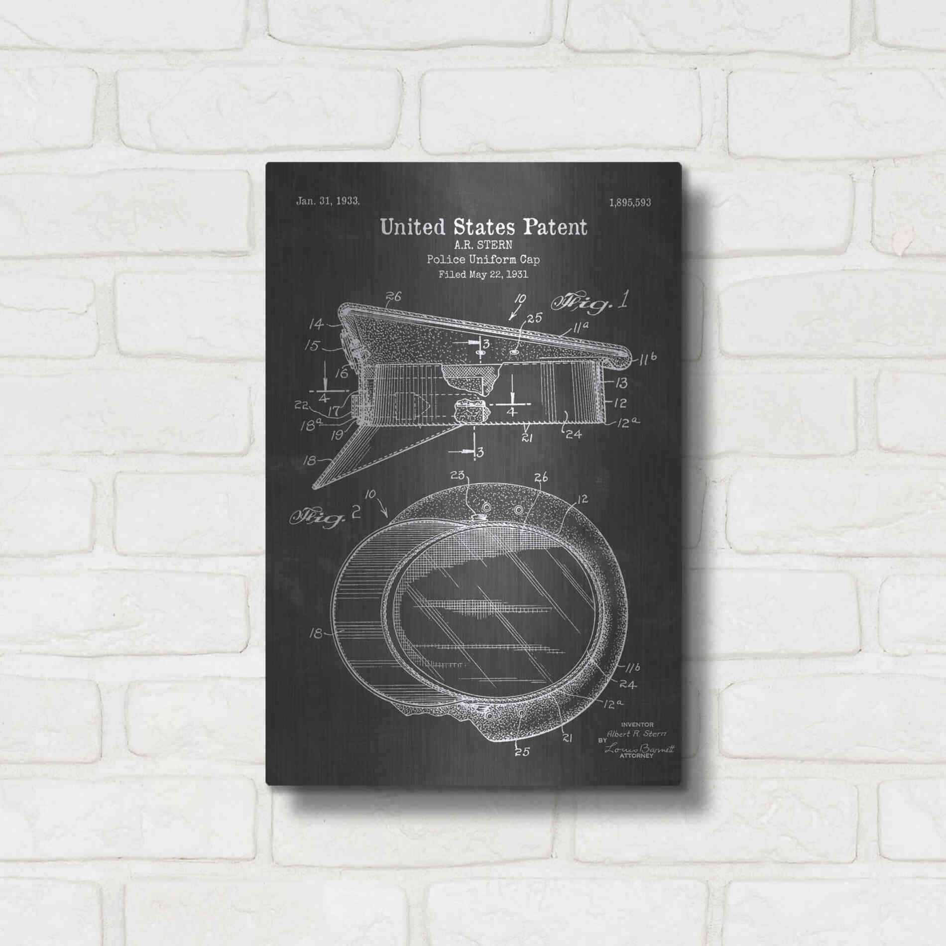 Luxe Metal Art 'Police Uniform Cap Blueprint Patent Chalkboard' Metal Wall Art,12x16