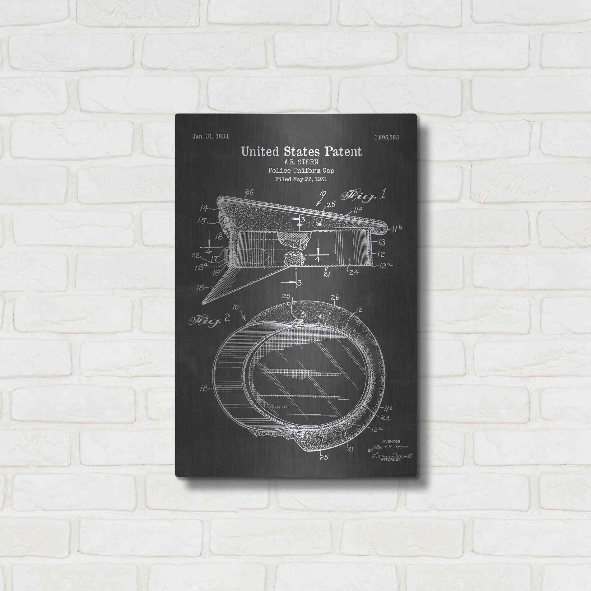 Luxe Metal Art 'Police Uniform Cap Blueprint Patent Chalkboard' Metal Wall Art,16x24