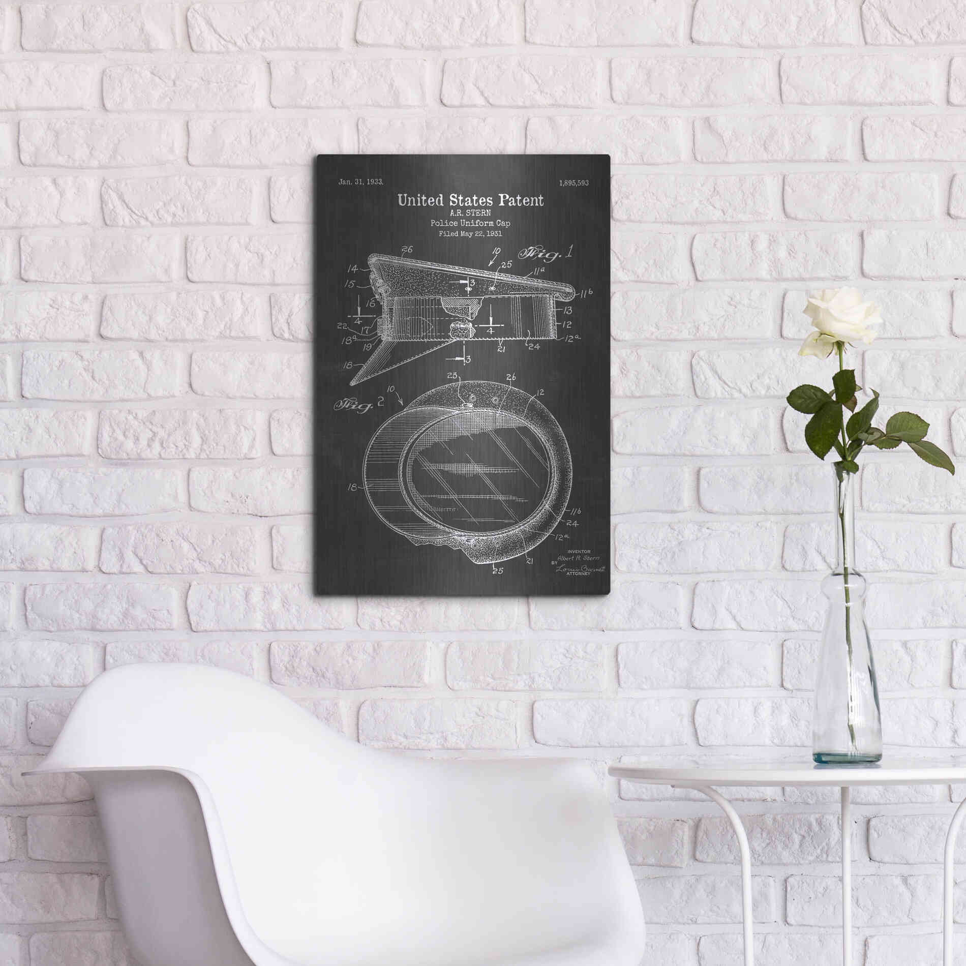 Luxe Metal Art 'Police Uniform Cap Blueprint Patent Chalkboard' Metal Wall Art,16x24