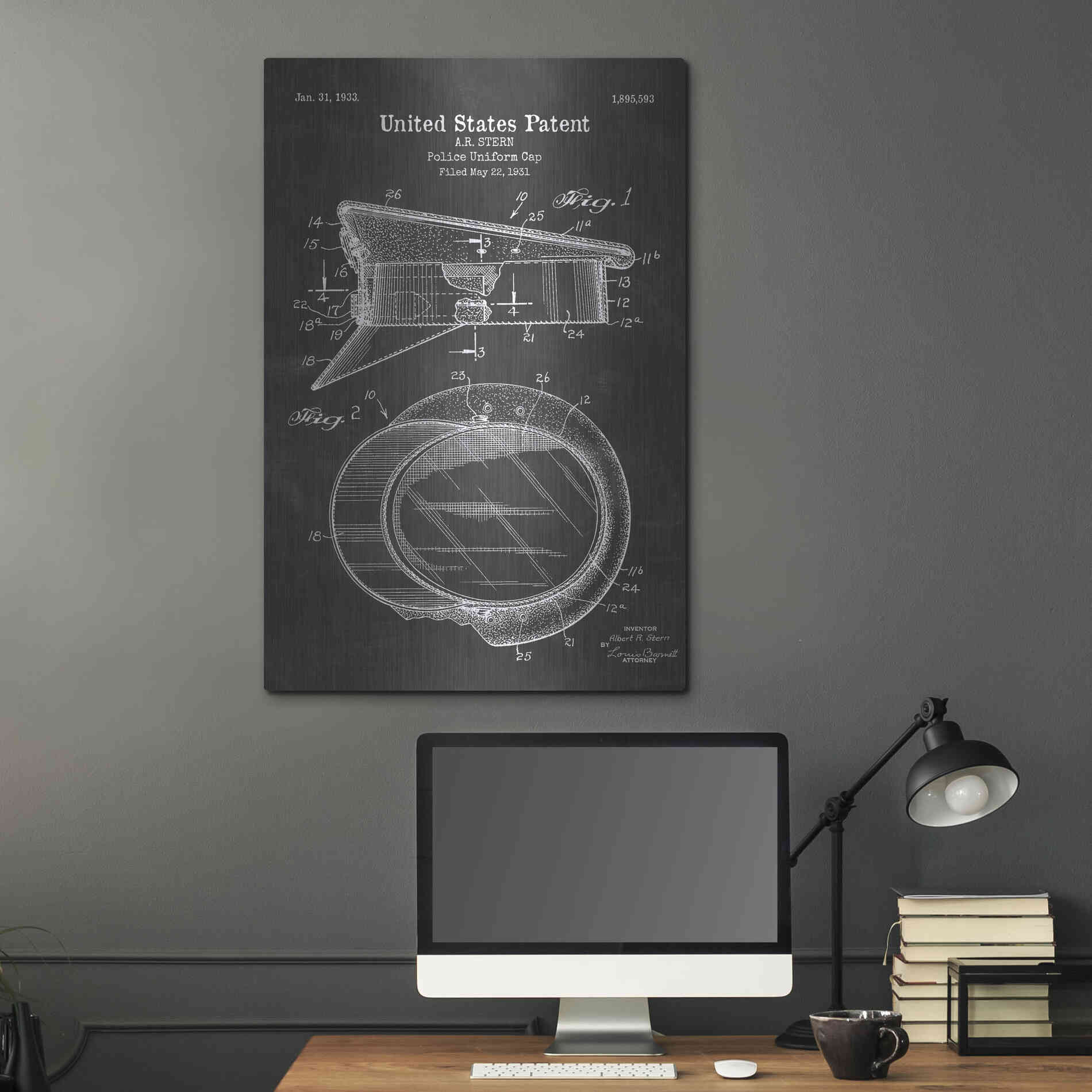 Luxe Metal Art 'Police Uniform Cap Blueprint Patent Chalkboard' Metal Wall Art,24x36