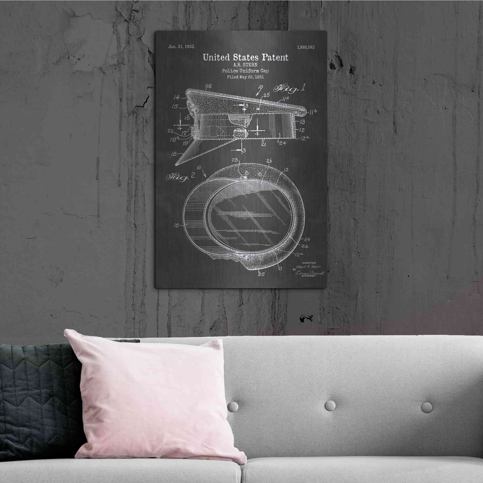 Luxe Metal Art 'Police Uniform Cap Blueprint Patent Chalkboard' Metal Wall Art,24x36