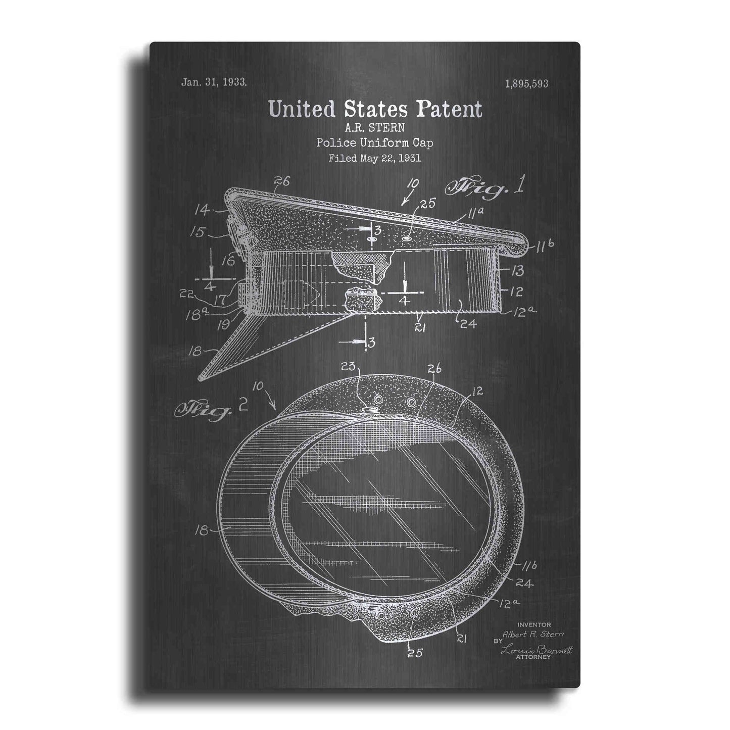 Luxe Metal Art 'Police Uniform Cap Blueprint Patent Chalkboard' Metal Wall Art
