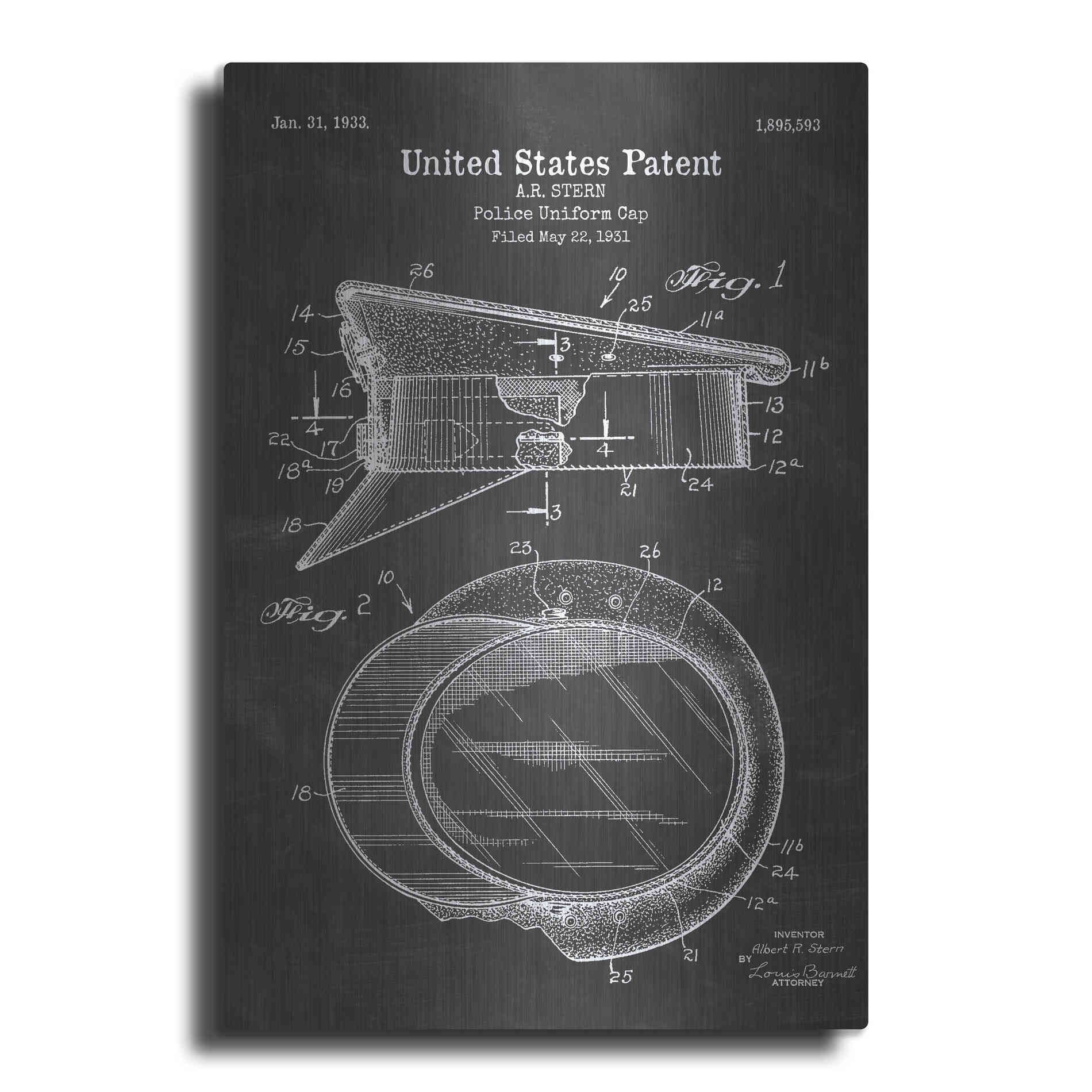 Luxe Metal Art 'Police Uniform Cap Blueprint Patent Chalkboard' Metal Wall Art