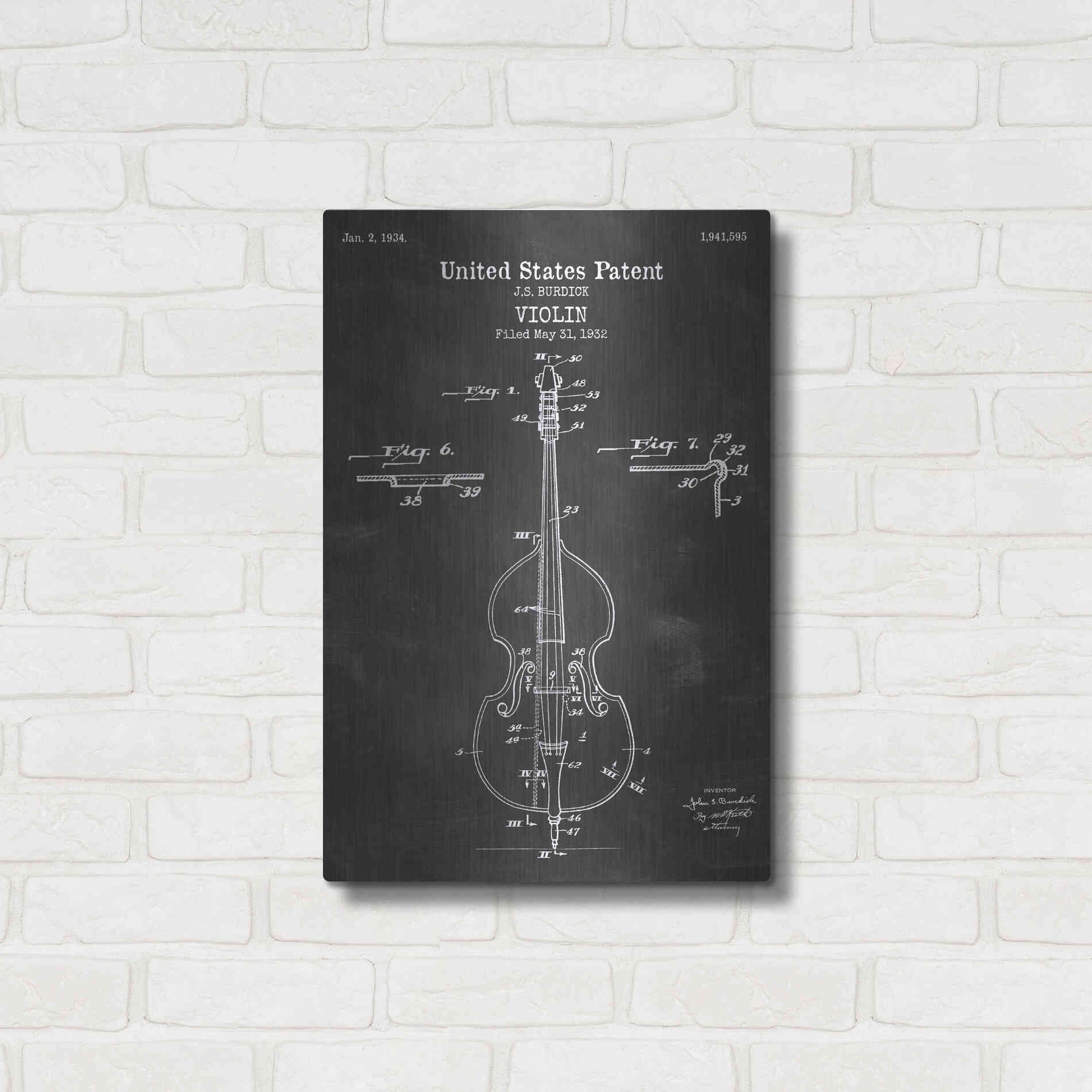 Luxe Metal Art 'Violin Blueprint Patent Chalkboard' Metal Wall Art,16x24