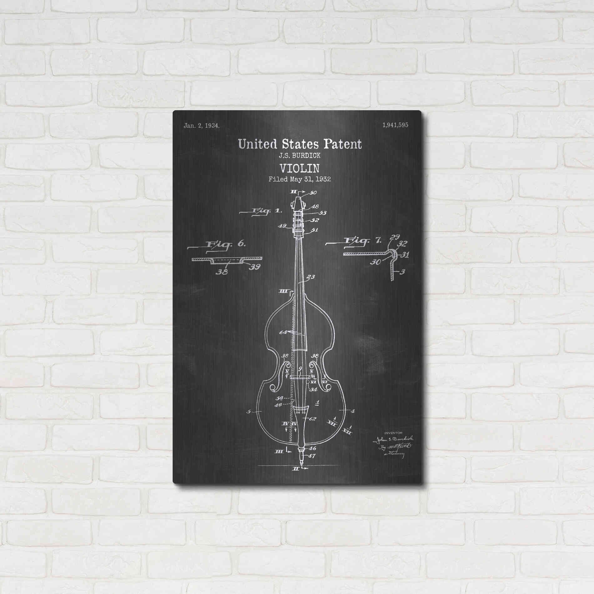 Luxe Metal Art 'Violin Blueprint Patent Chalkboard' Metal Wall Art,24x36