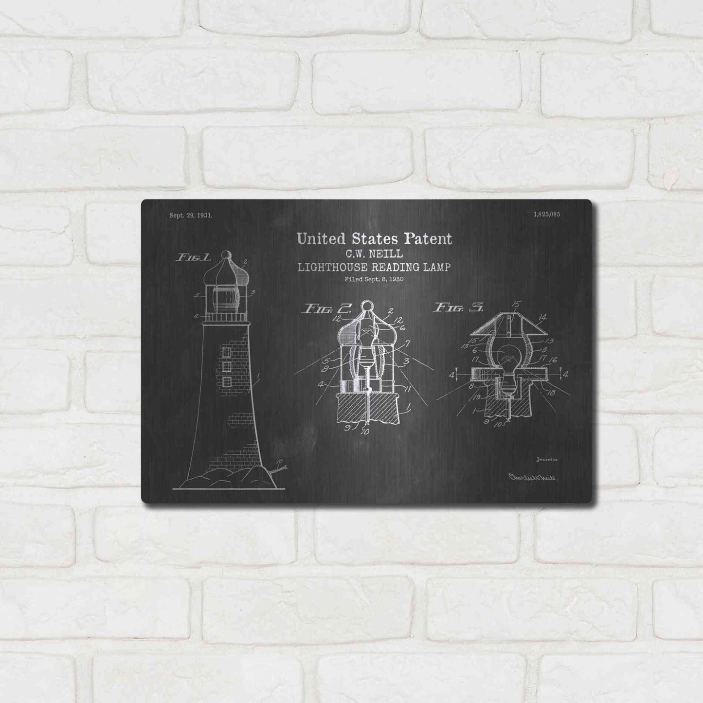 Luxe Metal Art 'Lighthouse Reading Lamp Blueprint Patent Chalkboard' Metal Wall Art,16x12