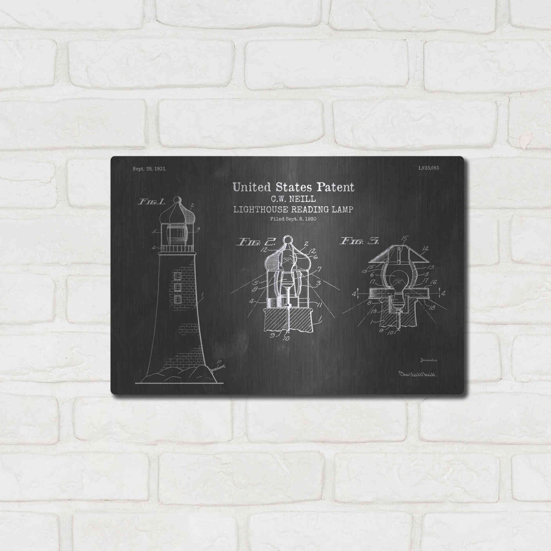 Luxe Metal Art 'Lighthouse Reading Lamp Blueprint Patent Chalkboard' Metal Wall Art,16x12