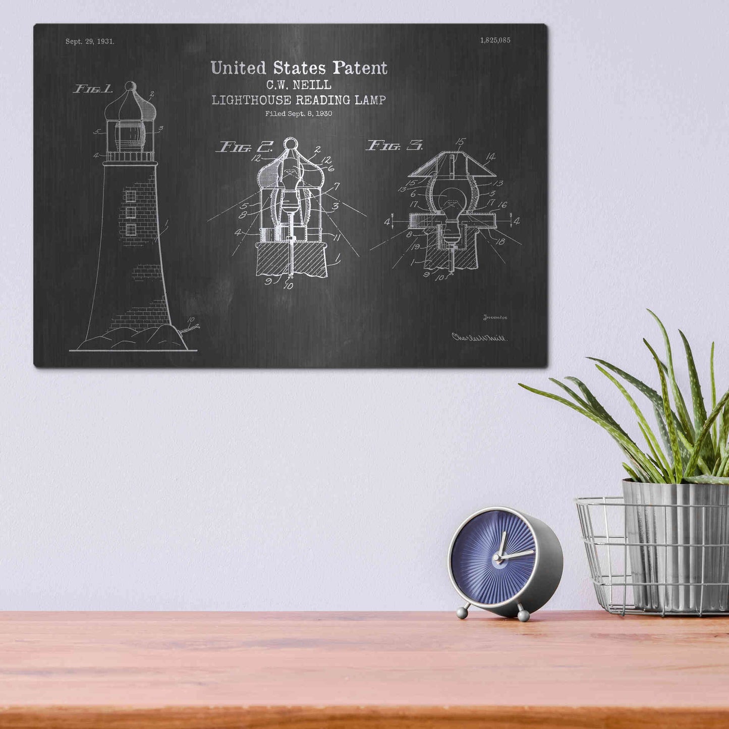 Luxe Metal Art 'Lighthouse Reading Lamp Blueprint Patent Chalkboard' Metal Wall Art,16x12