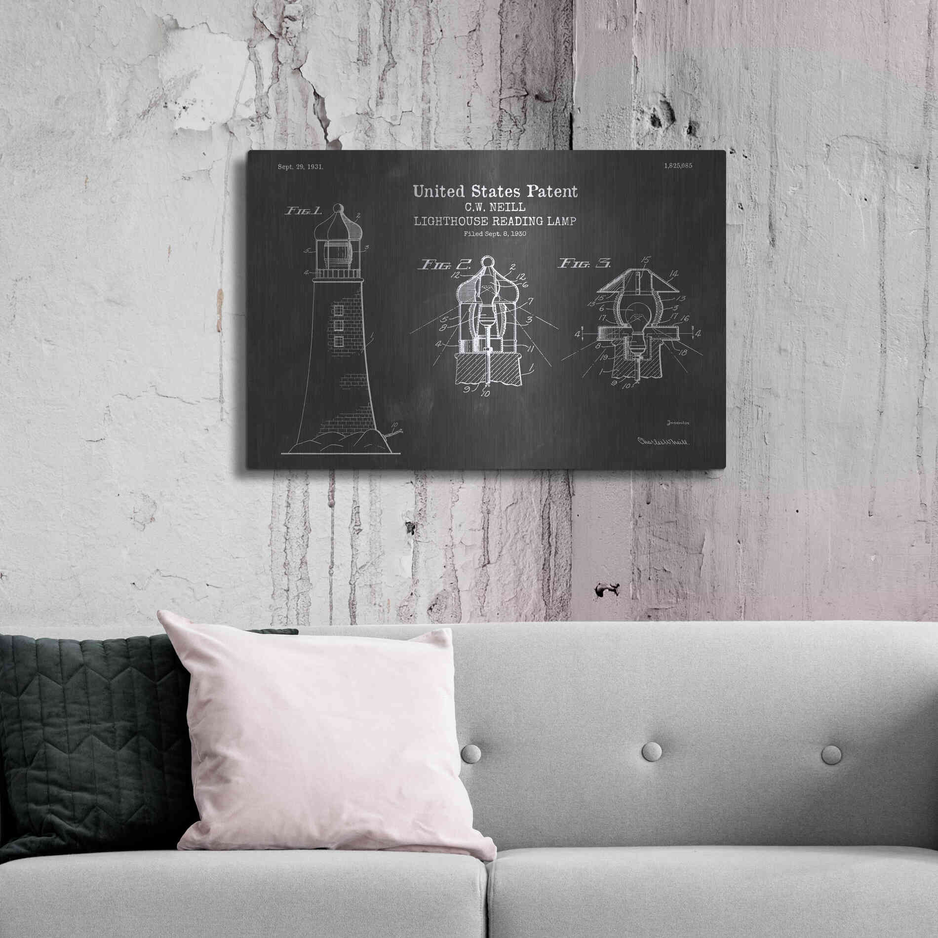 Luxe Metal Art 'Lighthouse Reading Lamp Blueprint Patent Chalkboard' Metal Wall Art,36x24