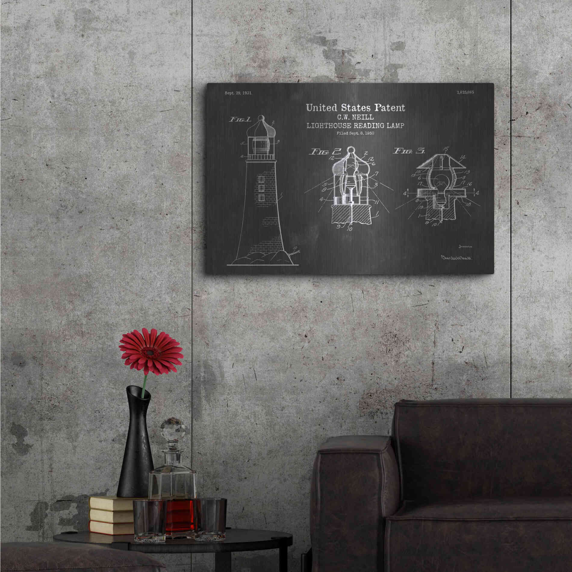 Luxe Metal Art 'Lighthouse Reading Lamp Blueprint Patent Chalkboard' Metal Wall Art,36x24