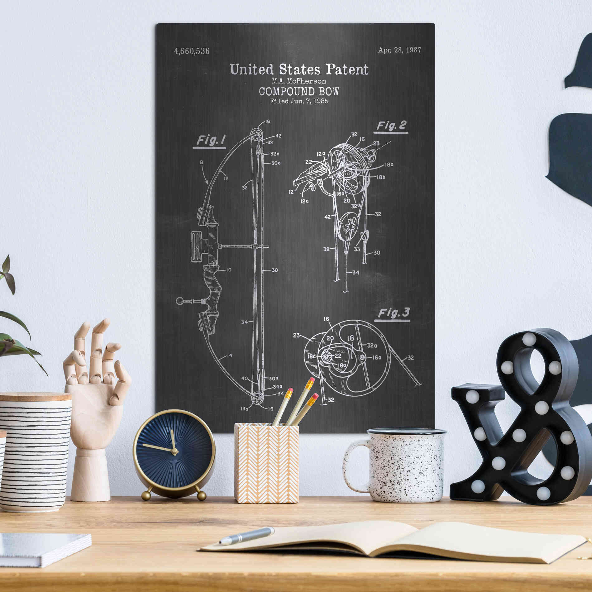 Luxe Metal Art 'Compound Bow Blueprint Patent Chalkboard' Metal Wall Art,12x16