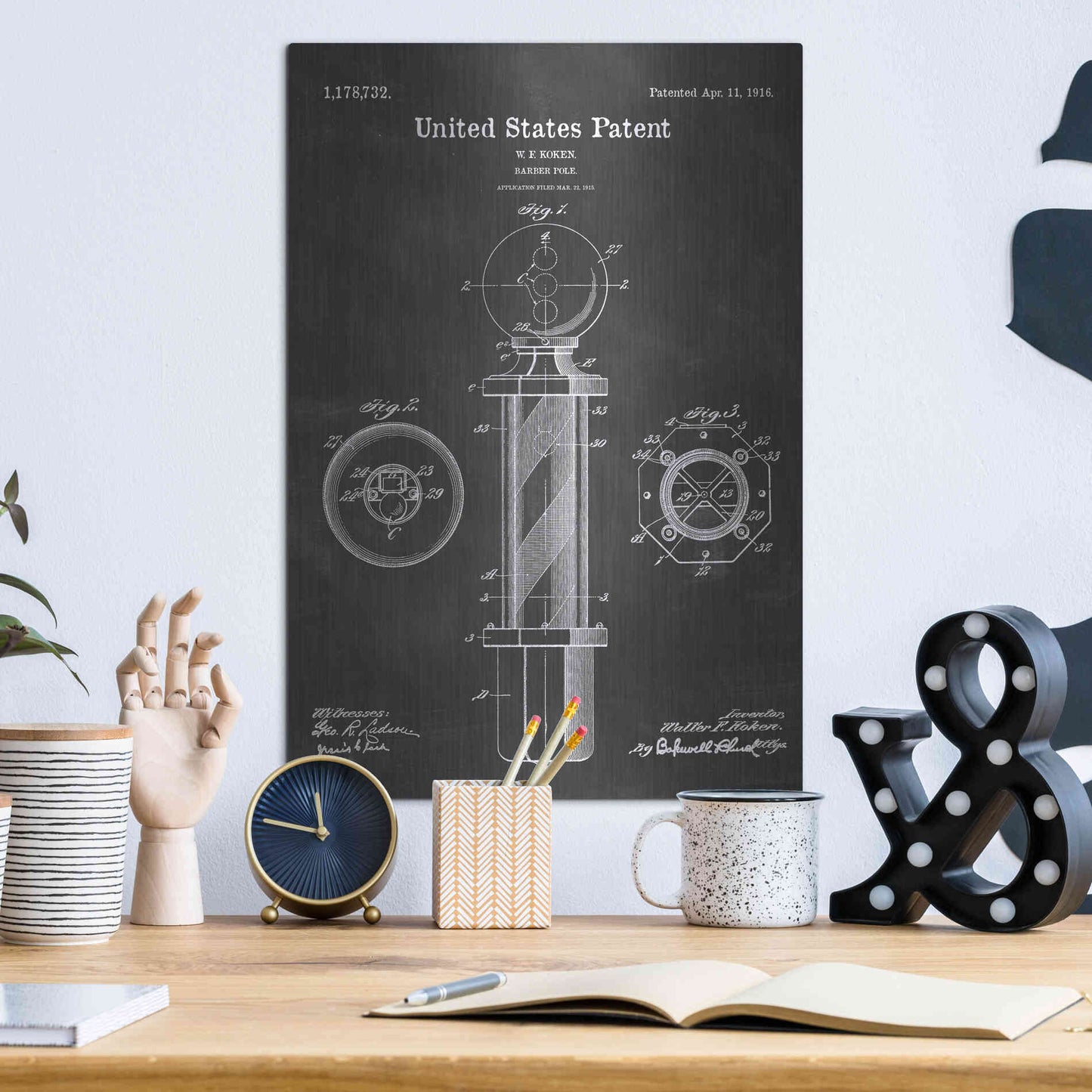 Luxe Metal Art 'Barber Pole Blueprint Patent Chalkboard' Metal Wall Art,12x16
