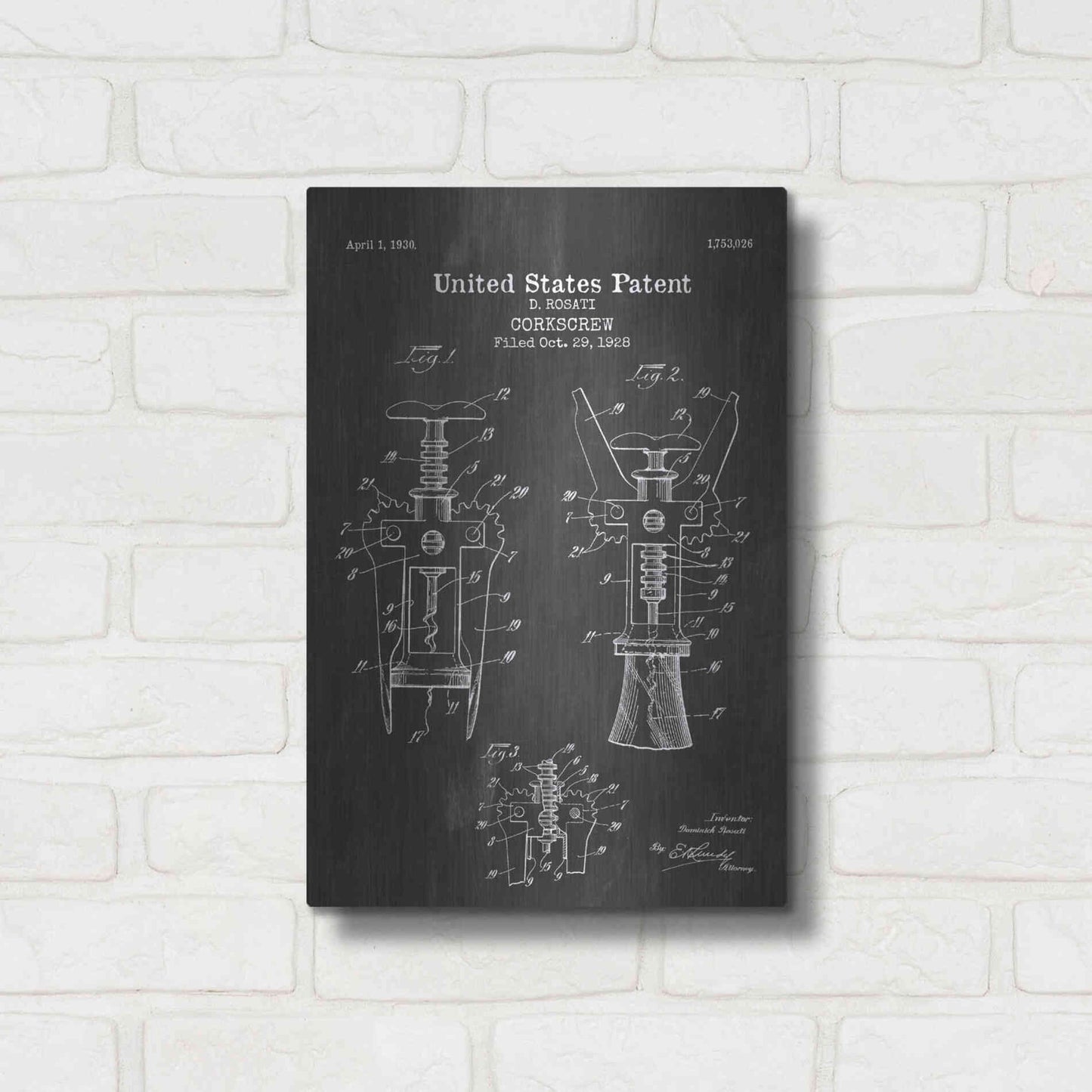Luxe Metal Art 'Corkscrew Blueprint Patent Chalkboard' Metal Wall Art,12x16