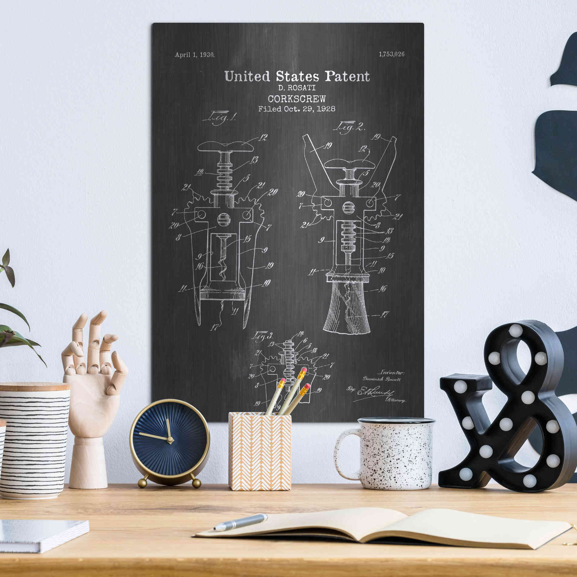 Luxe Metal Art 'Corkscrew Blueprint Patent Chalkboard' Metal Wall Art,12x16