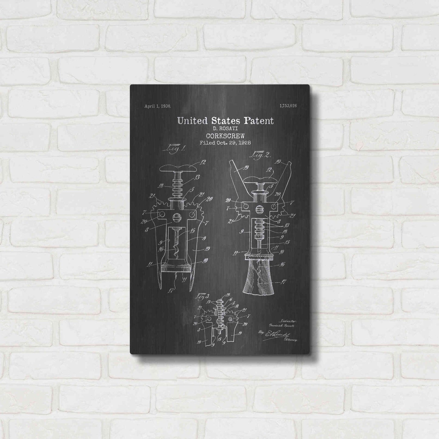 Luxe Metal Art 'Corkscrew Blueprint Patent Chalkboard' Metal Wall Art,16x24