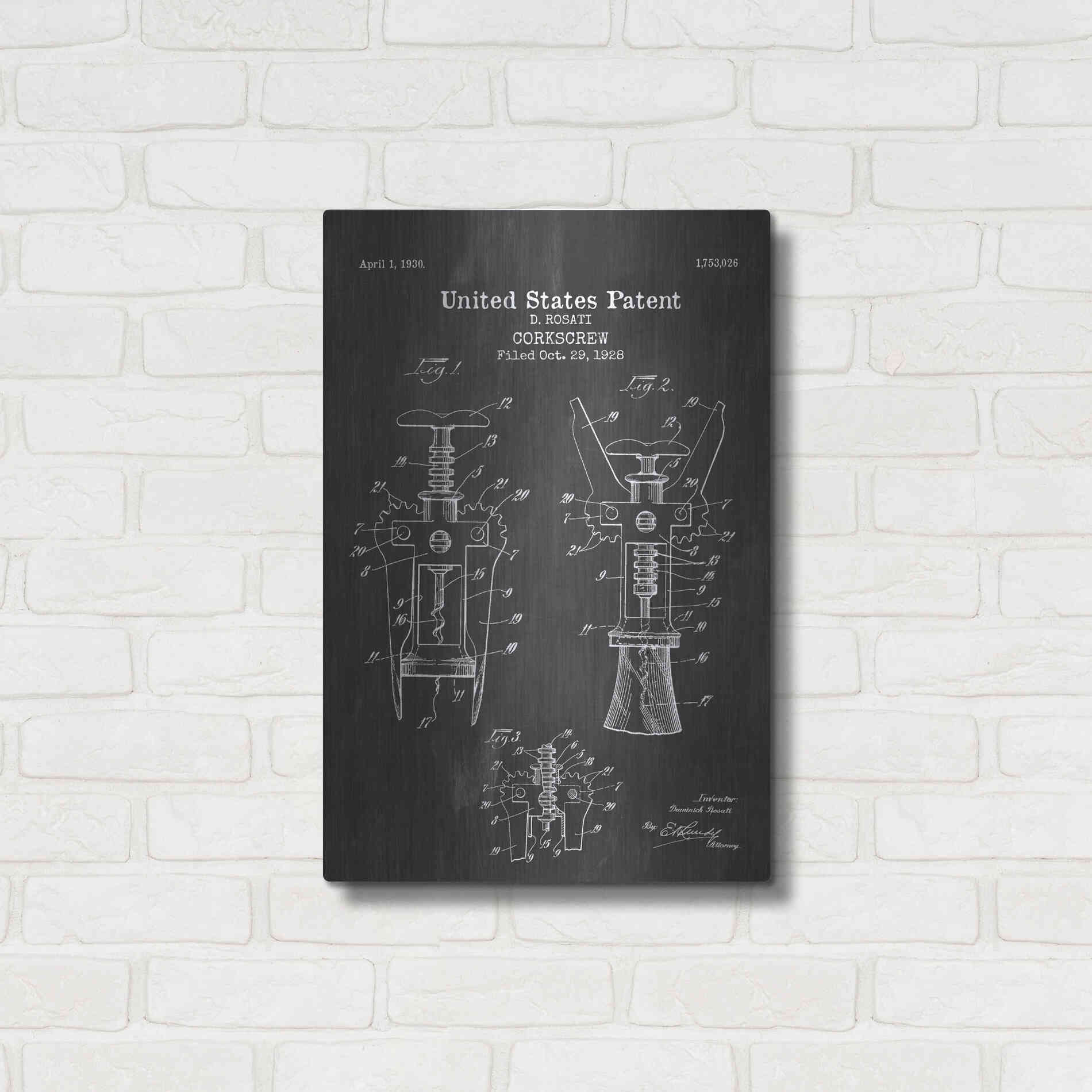 Luxe Metal Art 'Corkscrew Blueprint Patent Chalkboard' Metal Wall Art,16x24