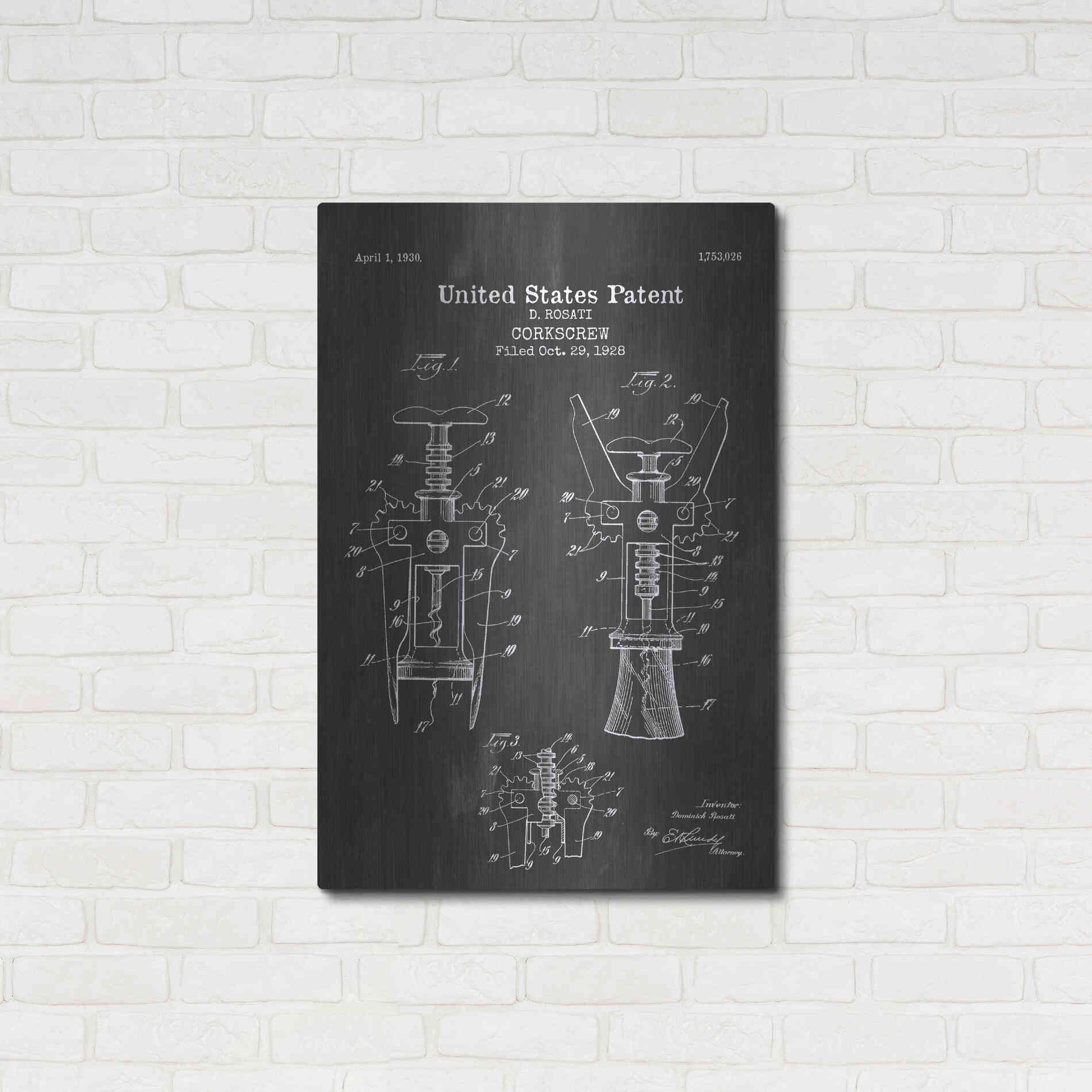 Luxe Metal Art 'Corkscrew Blueprint Patent Chalkboard' Metal Wall Art,24x36
