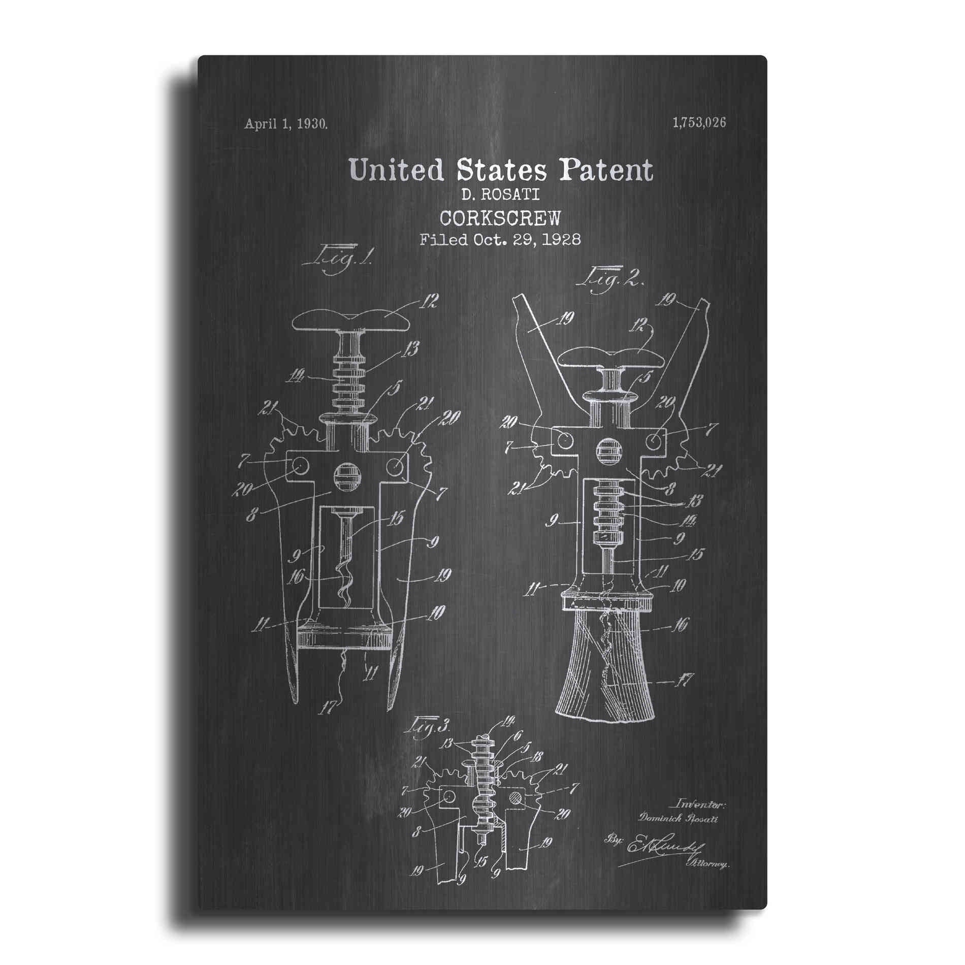 Luxe Metal Art 'Corkscrew Blueprint Patent Chalkboard' Metal Wall Art