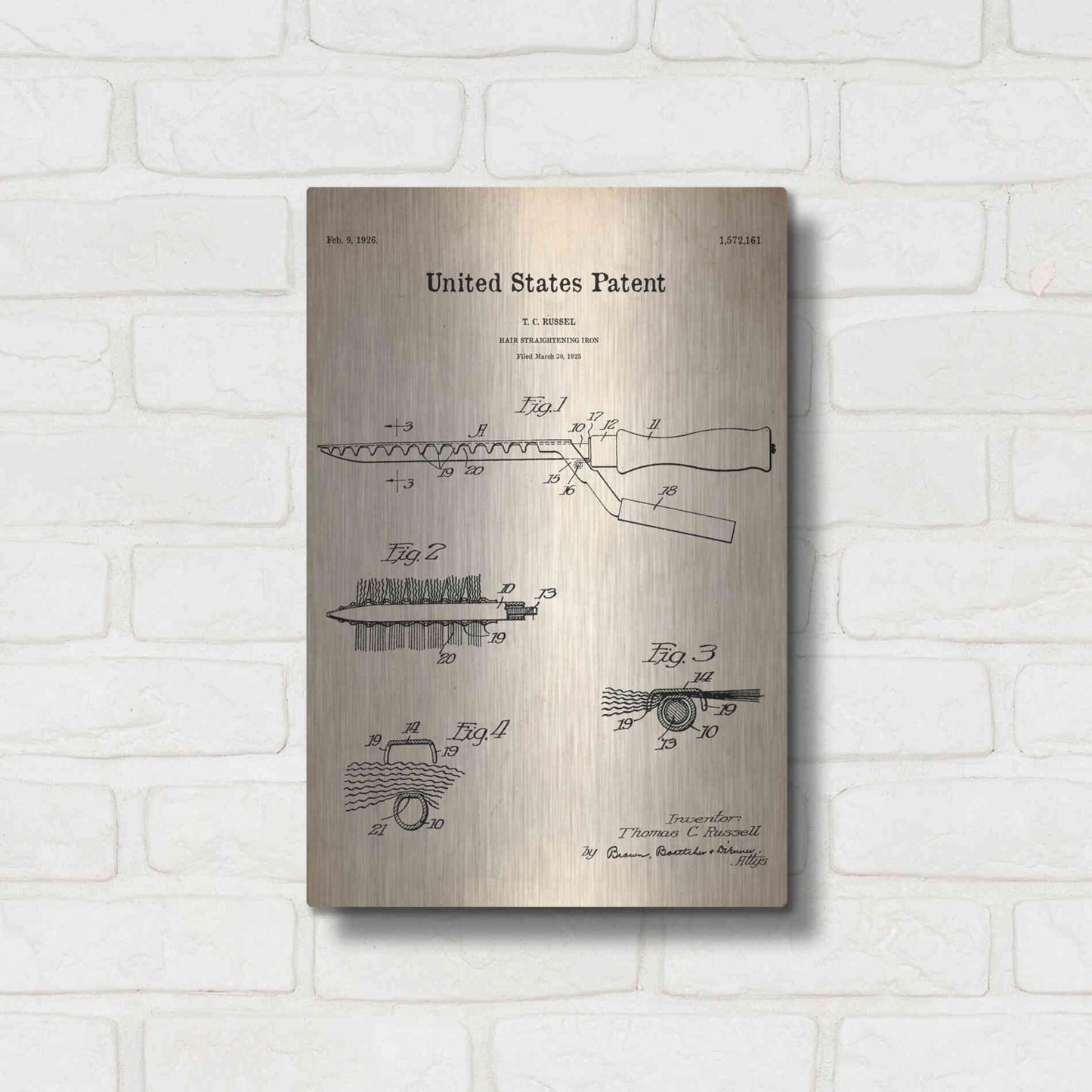 Luxe Metal Art 'Hair Straightening Iron Blueprint Patent Parchment' Metal Wall Art,12x16