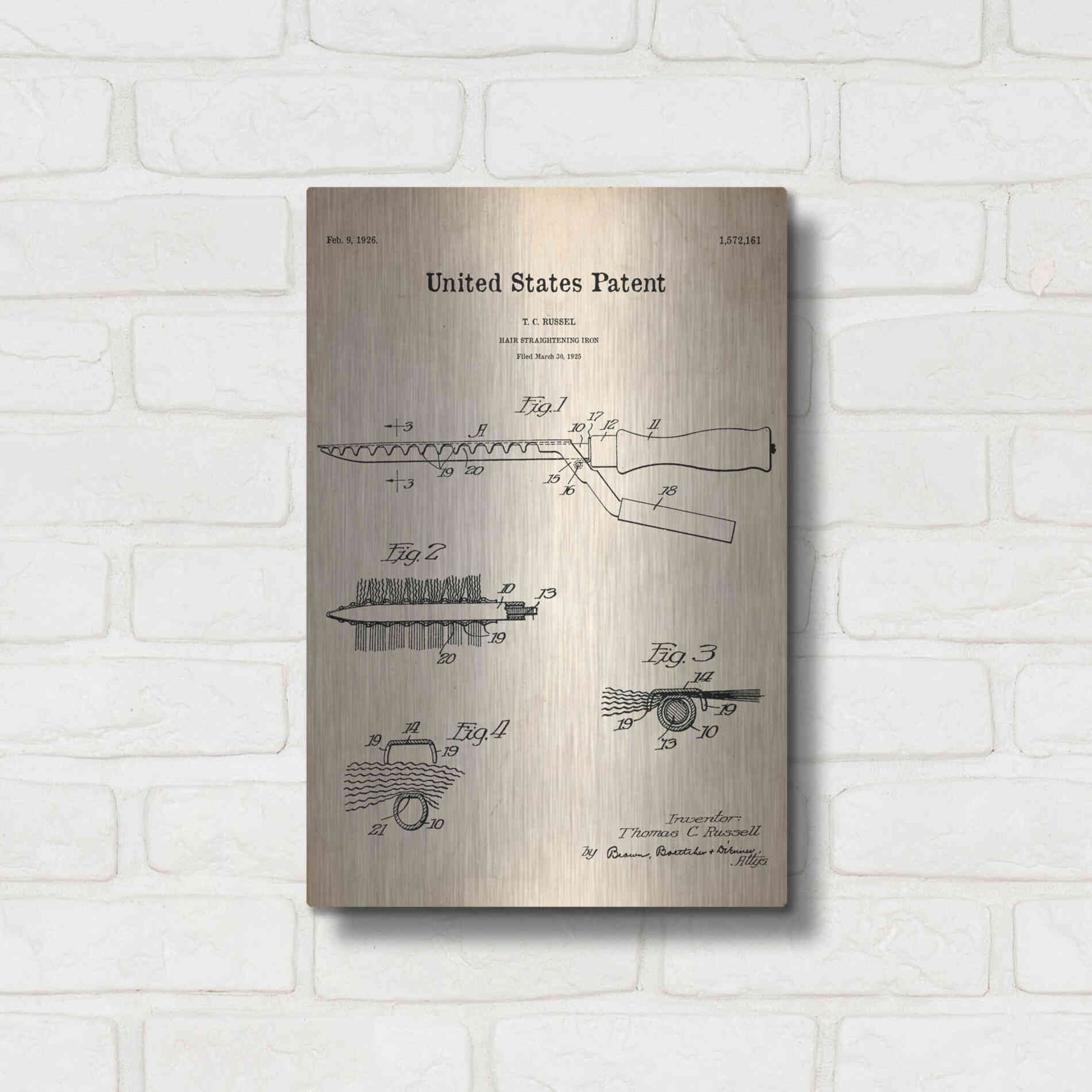 Luxe Metal Art 'Hair Straightening Iron Blueprint Patent Parchment' Metal Wall Art,12x16