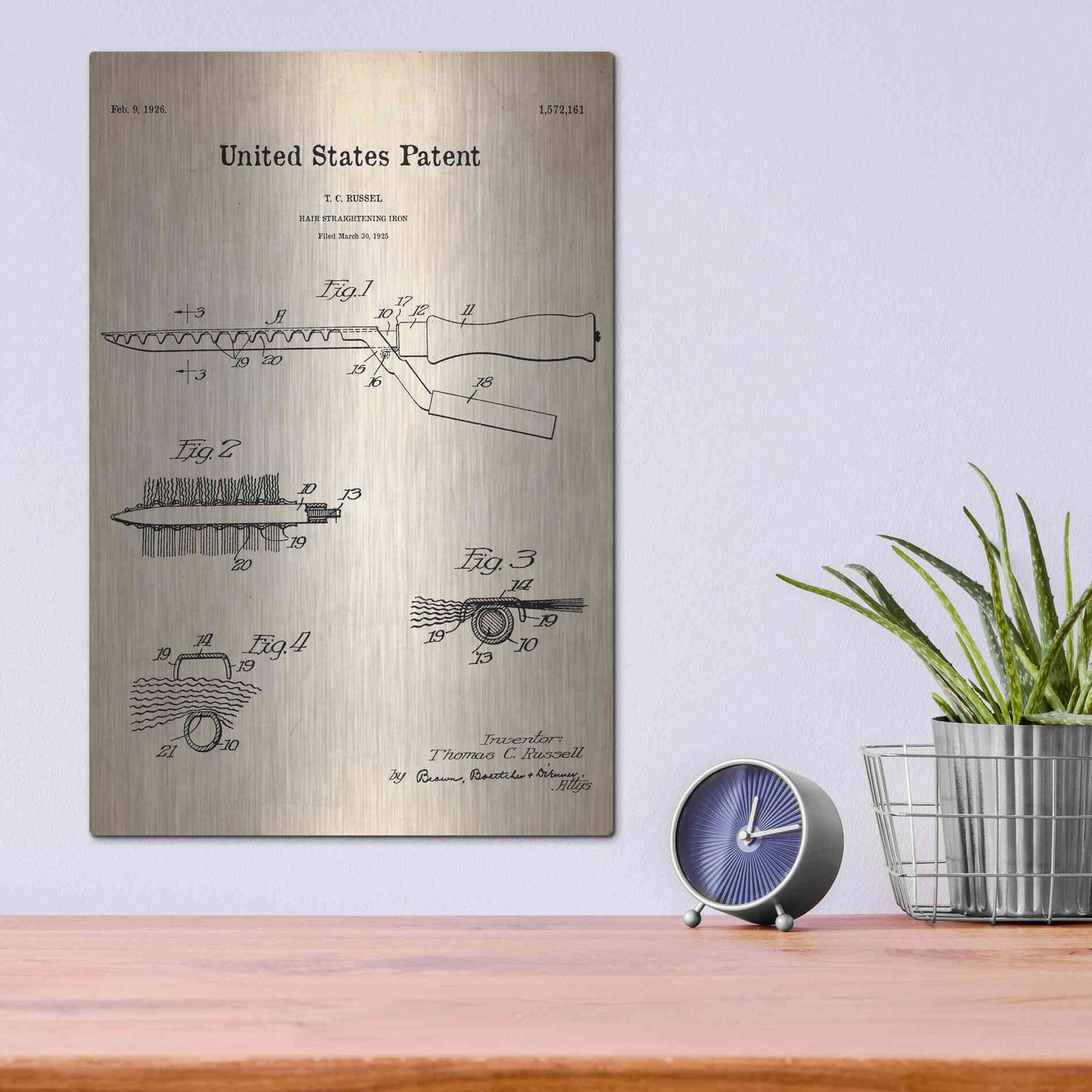 Luxe Metal Art 'Hair Straightening Iron Blueprint Patent Parchment' Metal Wall Art,12x16