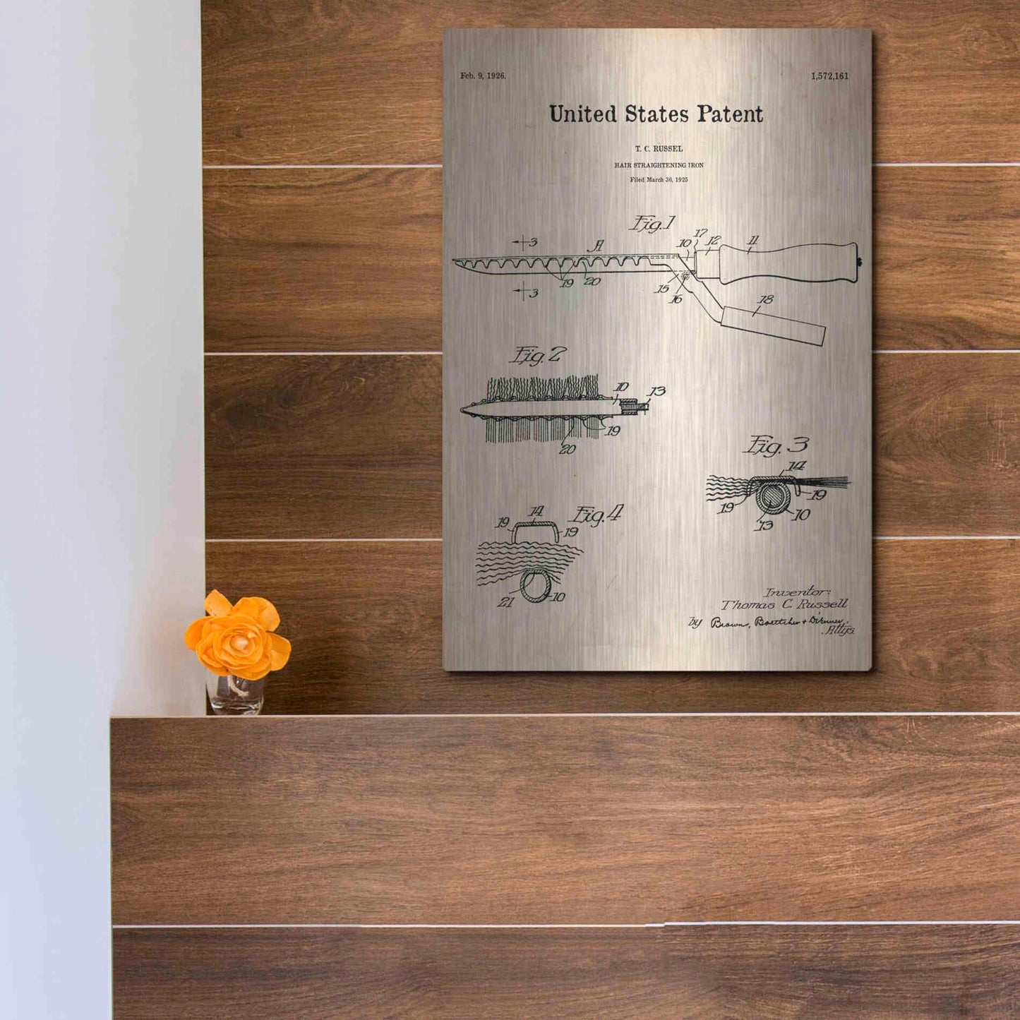 Luxe Metal Art 'Hair Straightening Iron Blueprint Patent Parchment' Metal Wall Art,12x16