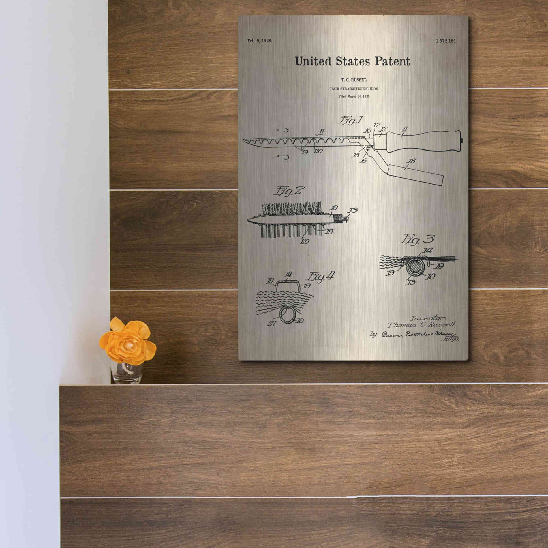 Luxe Metal Art 'Hair Straightening Iron Blueprint Patent Parchment' Metal Wall Art,12x16