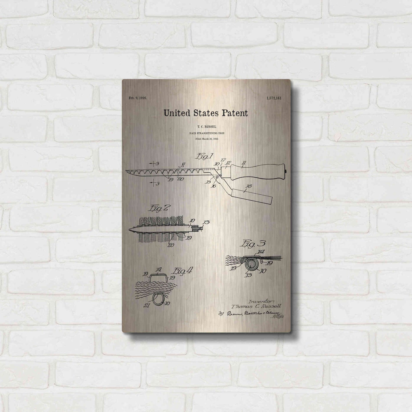 Luxe Metal Art 'Hair Straightening Iron Blueprint Patent Parchment' Metal Wall Art,16x24