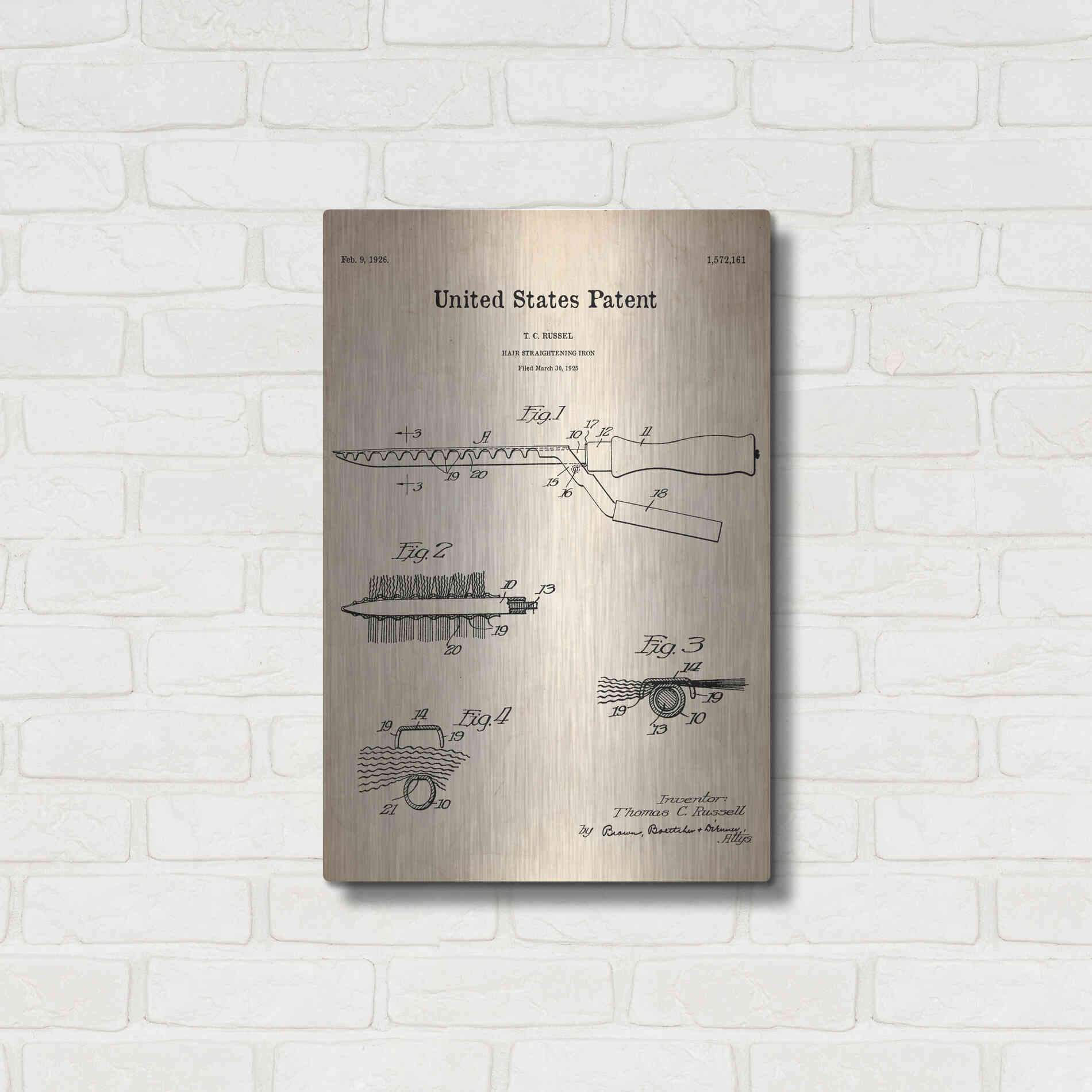 Luxe Metal Art 'Hair Straightening Iron Blueprint Patent Parchment' Metal Wall Art,16x24
