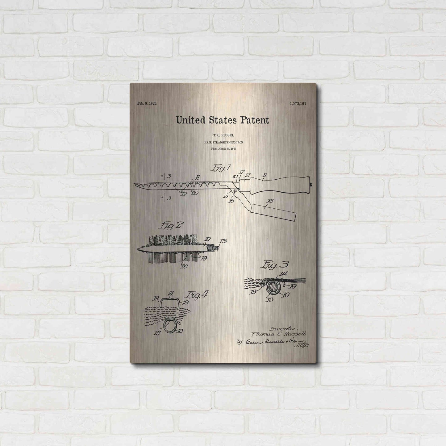 Luxe Metal Art 'Hair Straightening Iron Blueprint Patent Parchment' Metal Wall Art,24x36