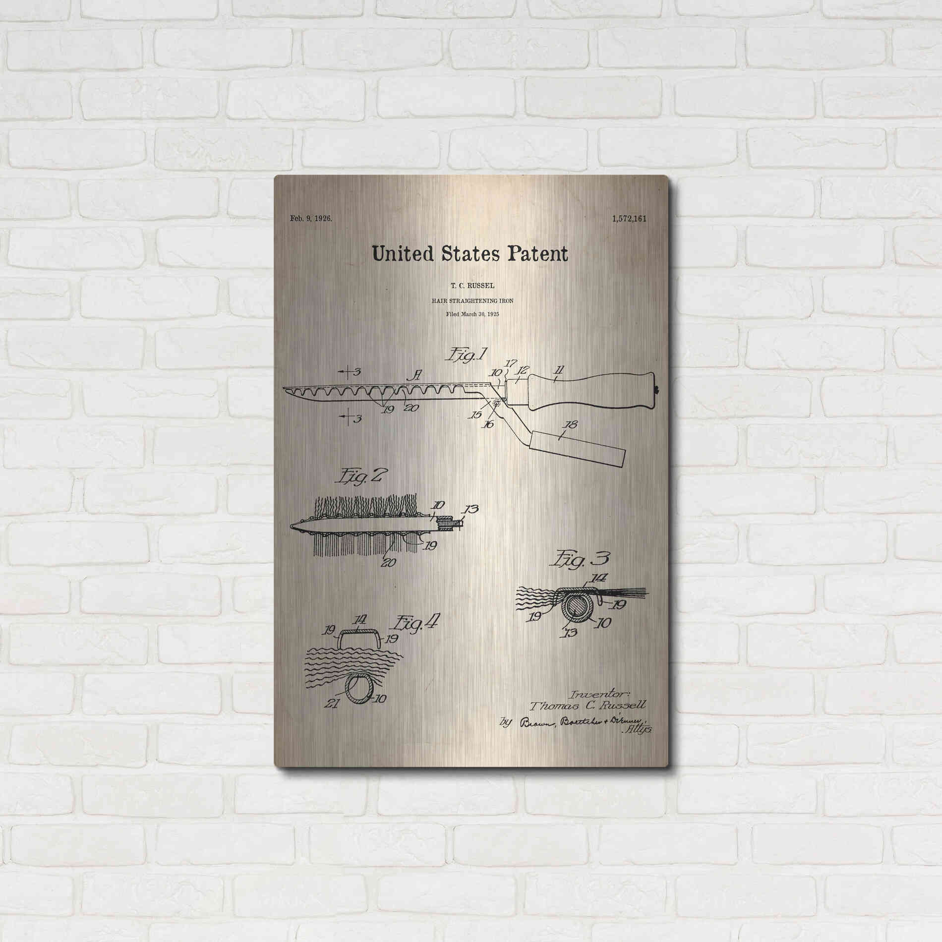 Luxe Metal Art 'Hair Straightening Iron Blueprint Patent Parchment' Metal Wall Art,24x36