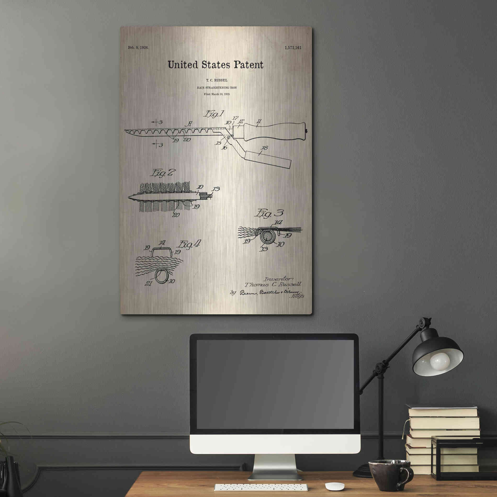 Luxe Metal Art 'Hair Straightening Iron Blueprint Patent Parchment' Metal Wall Art,24x36
