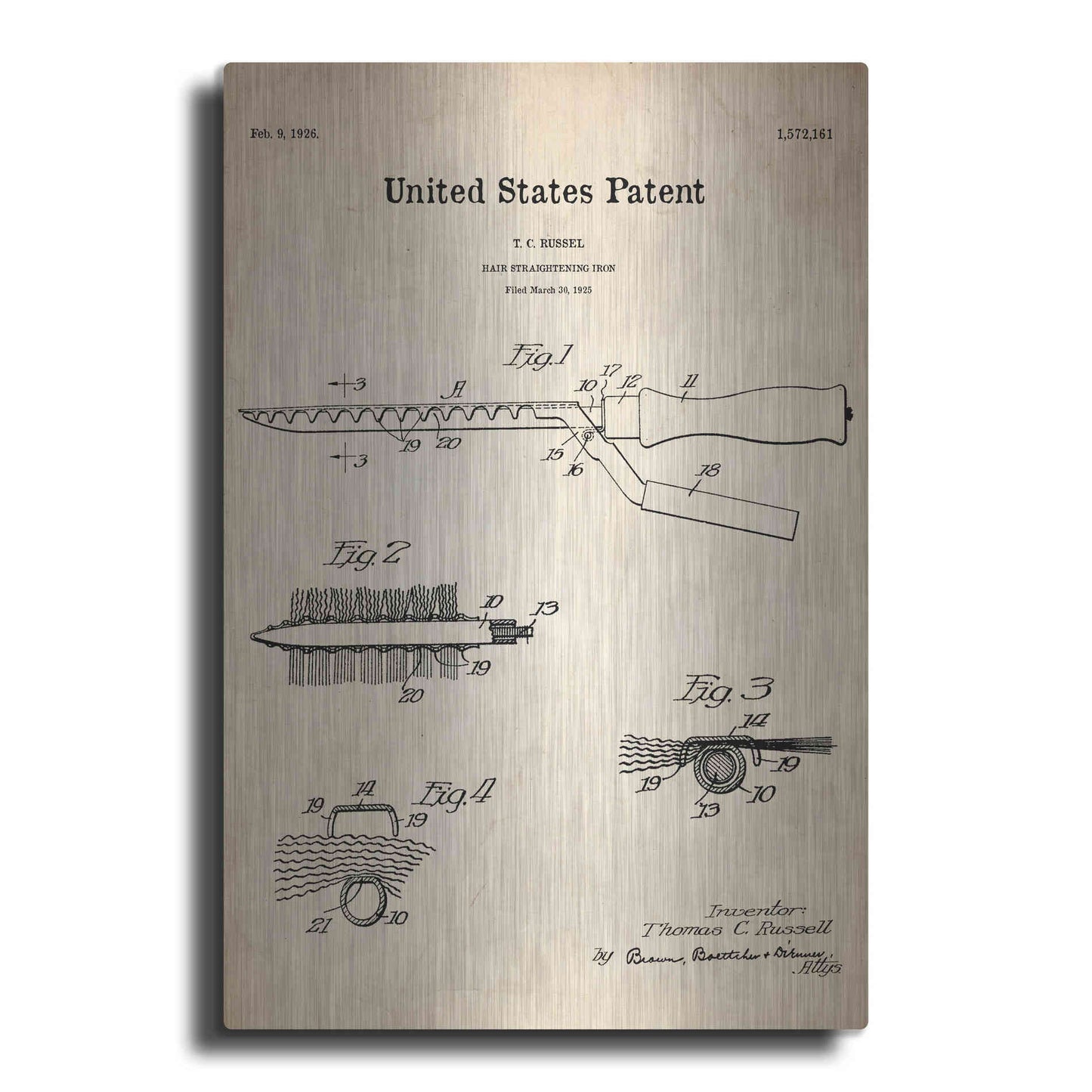 Luxe Metal Art 'Hair Straightening Iron Blueprint Patent Parchment' Metal Wall Art