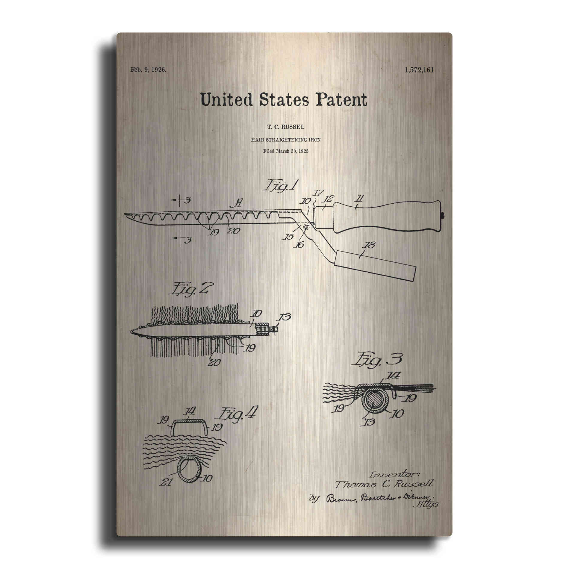 Luxe Metal Art 'Hair Straightening Iron Blueprint Patent Parchment' Metal Wall Art