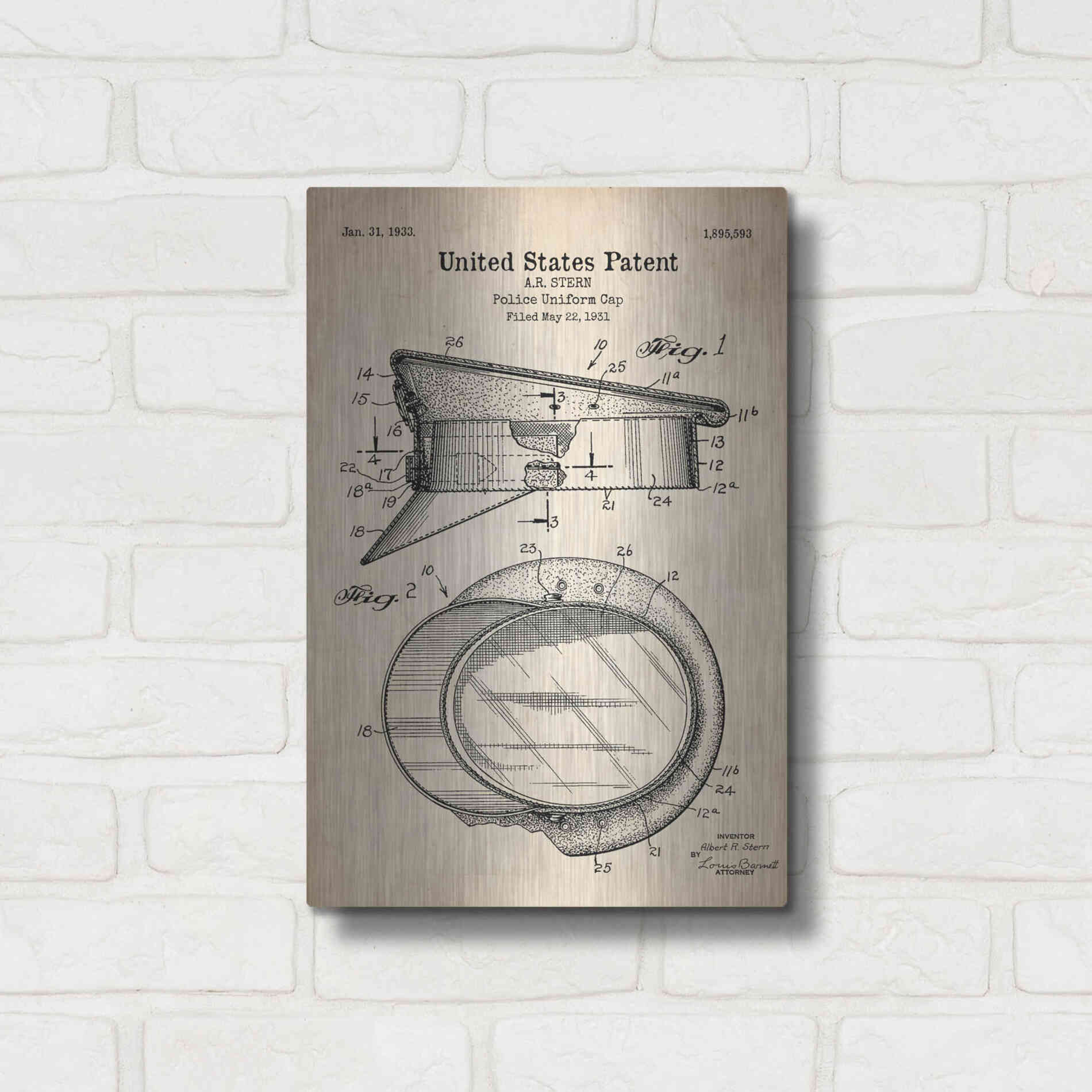 Luxe Metal Art 'Police Uniform Cap Blueprint Patent Parchment' Metal Wall Art,12x16
