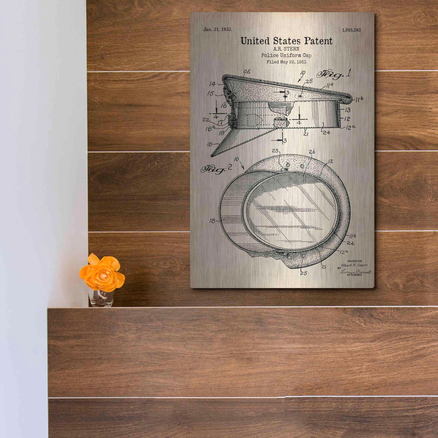 Luxe Metal Art 'Police Uniform Cap Blueprint Patent Parchment' Metal Wall Art,12x16