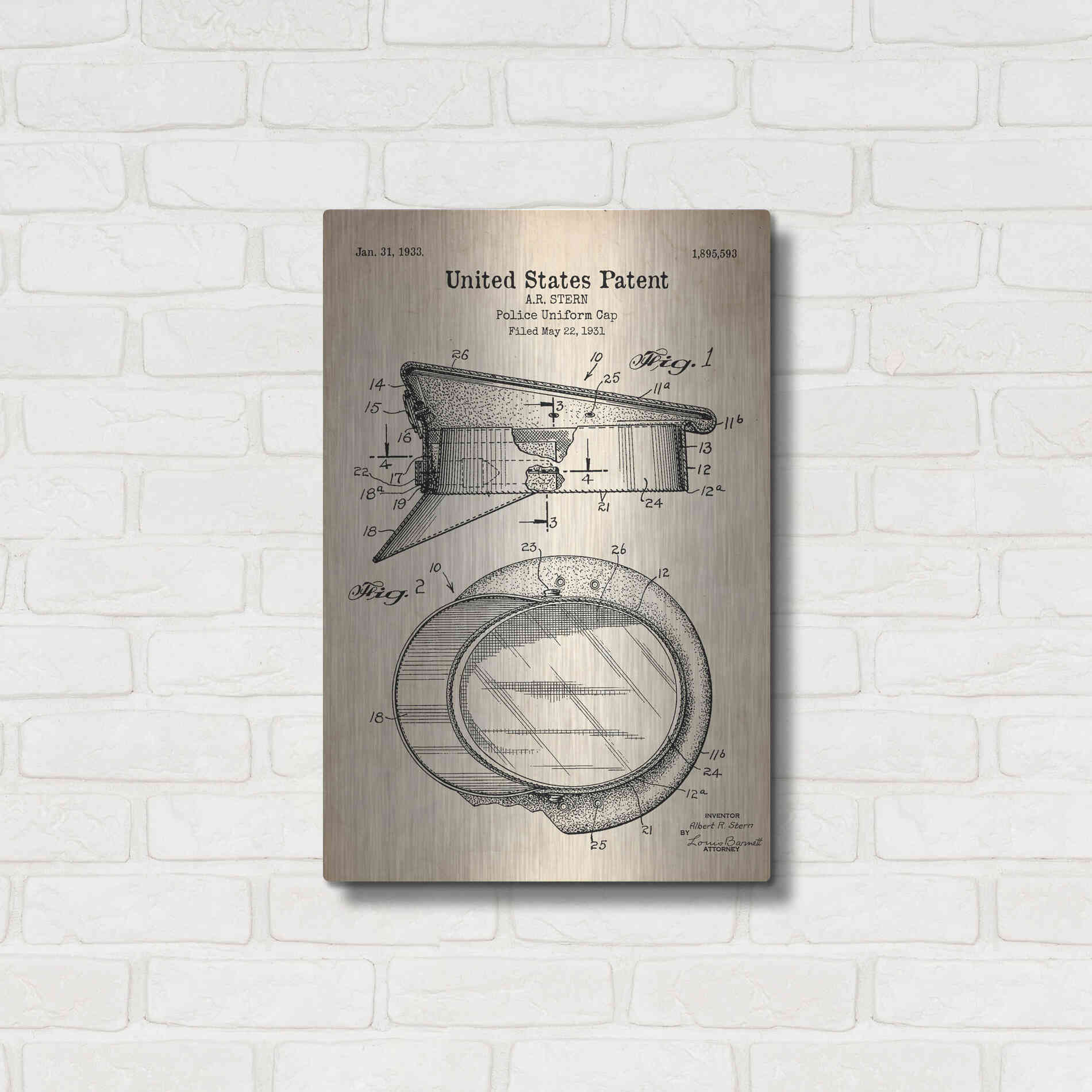 Luxe Metal Art 'Police Uniform Cap Blueprint Patent Parchment' Metal Wall Art,16x24