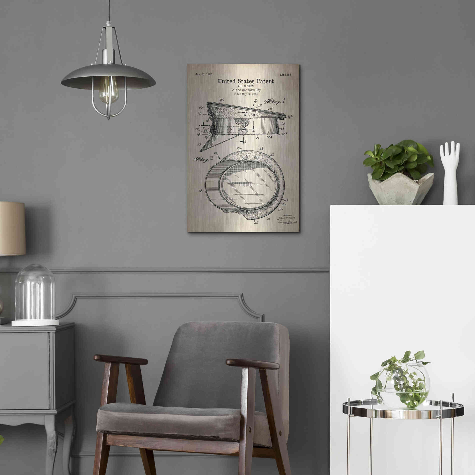 Luxe Metal Art 'Police Uniform Cap Blueprint Patent Parchment' Metal Wall Art,16x24
