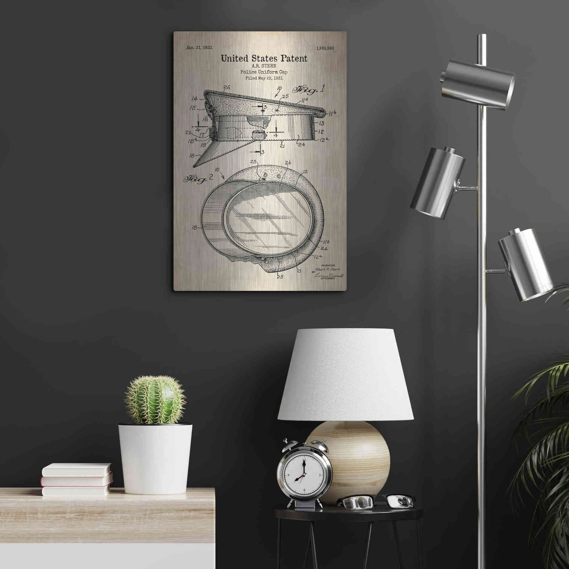 Luxe Metal Art 'Police Uniform Cap Blueprint Patent Parchment' Metal Wall Art,16x24