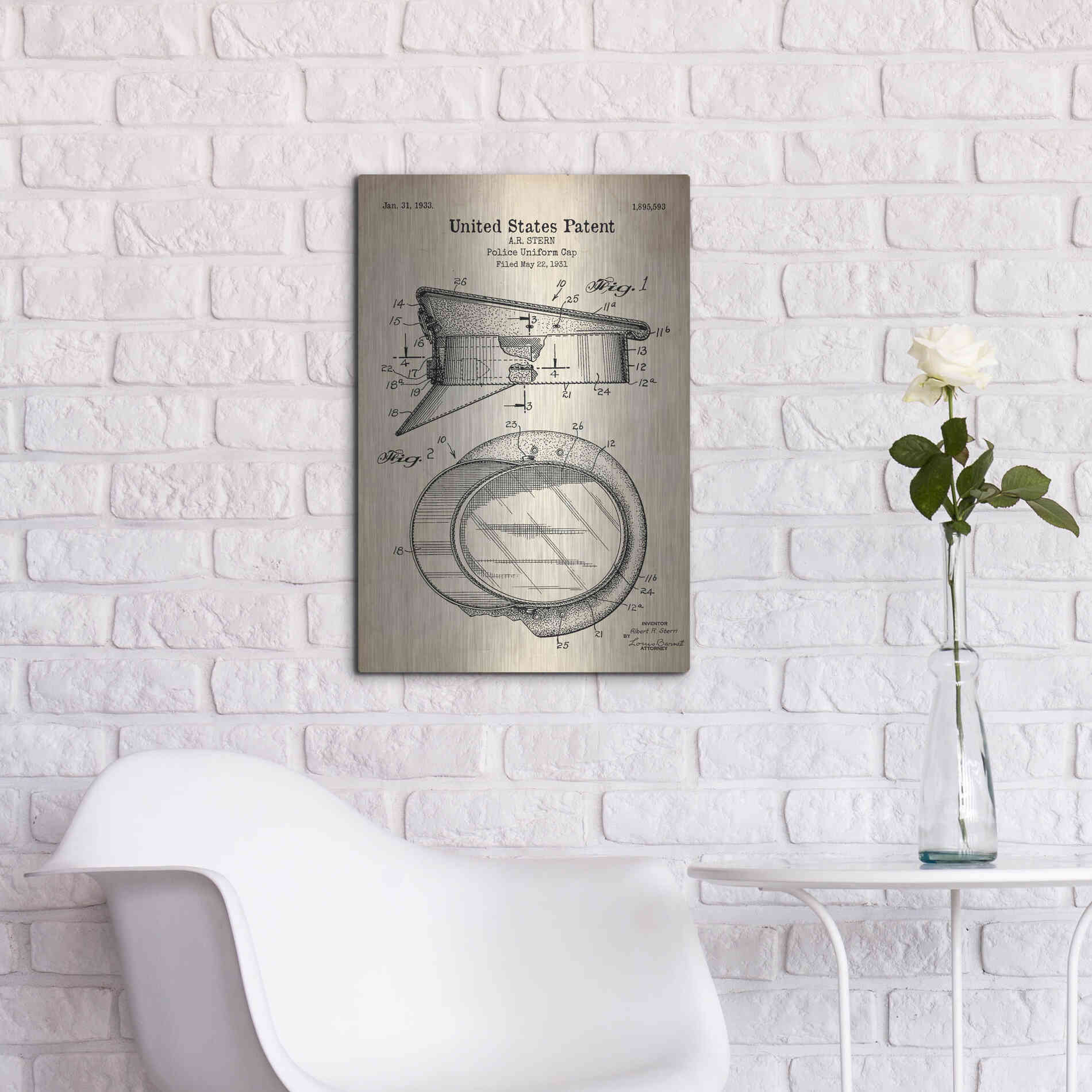 Luxe Metal Art 'Police Uniform Cap Blueprint Patent Parchment' Metal Wall Art,16x24
