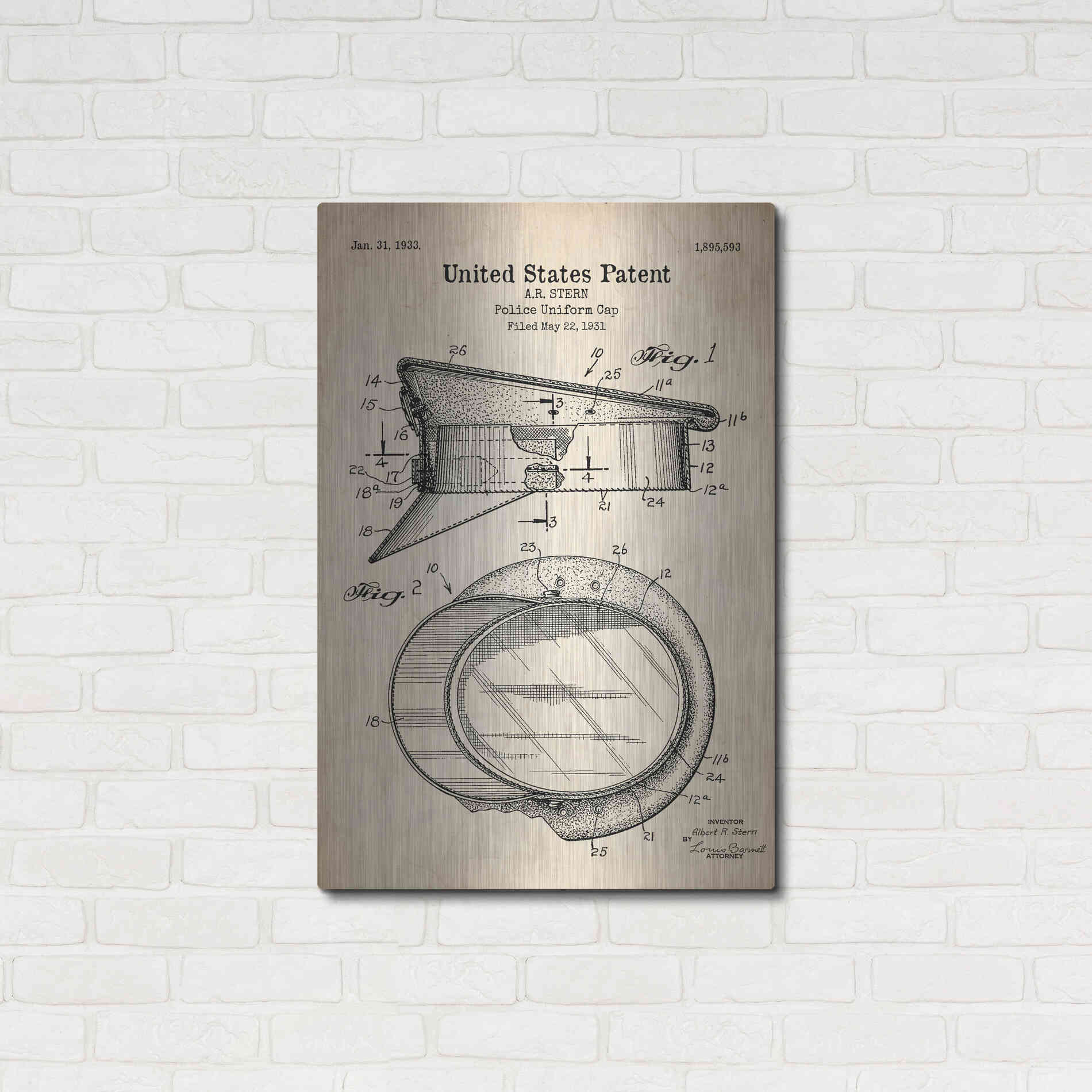 Luxe Metal Art 'Police Uniform Cap Blueprint Patent Parchment' Metal Wall Art,24x36