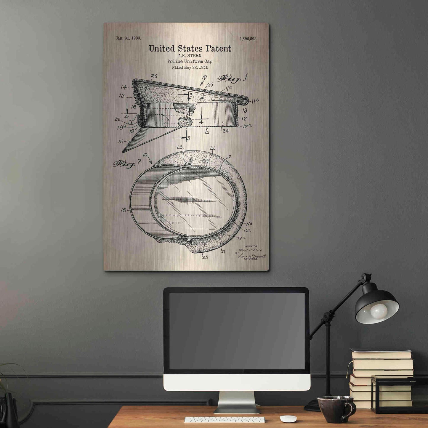 Luxe Metal Art 'Police Uniform Cap Blueprint Patent Parchment' Metal Wall Art,24x36
