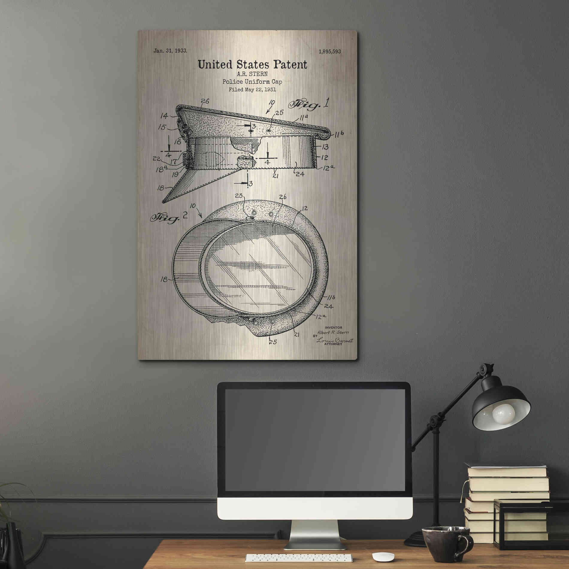 Luxe Metal Art 'Police Uniform Cap Blueprint Patent Parchment' Metal Wall Art,24x36